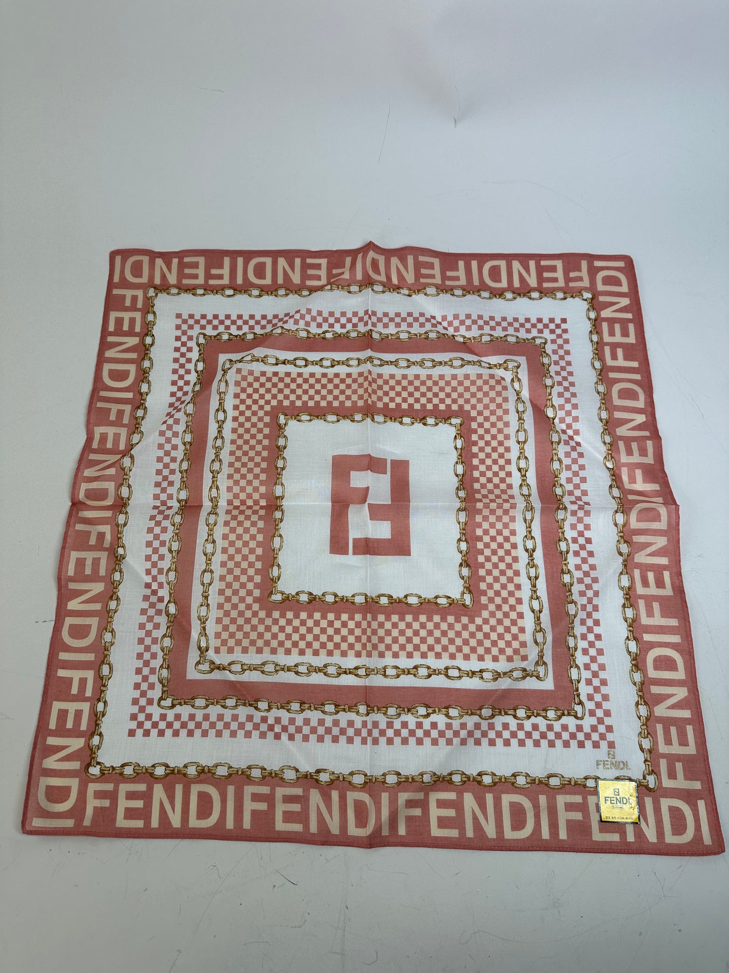 Vintage Fendi FF Logo Silk Scarf Coral White Gold-Tone c. 2000