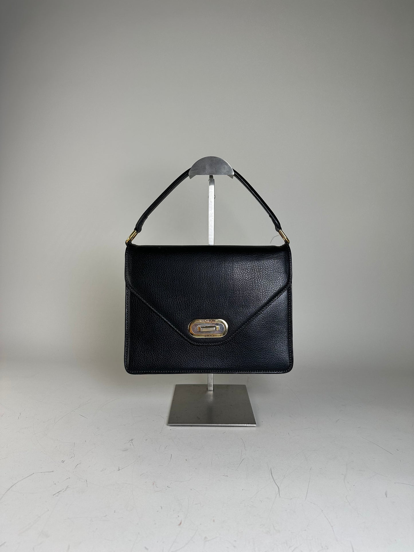 Vintage Courreges Textured Leather Handbag Black Gold