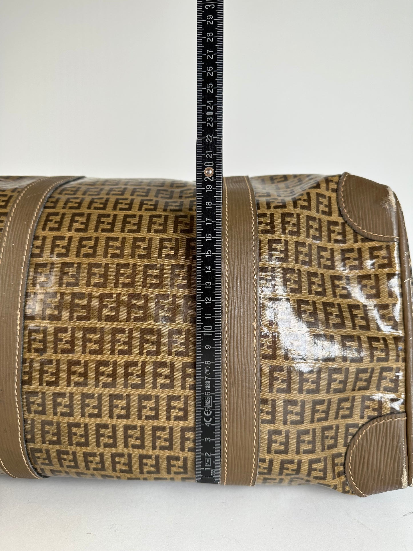 Vintage Fendi Roma Zucca FF Monogram Coated Canvas Boston Bag Brown Tan