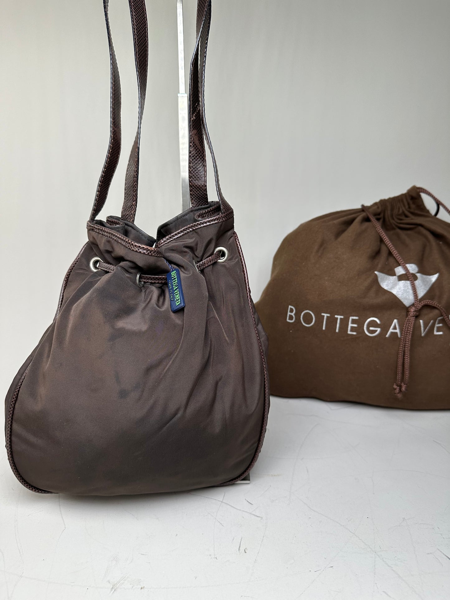Vintage Bottega Veneta Drawstring Bag Nylon Leather Trim Dark Brown