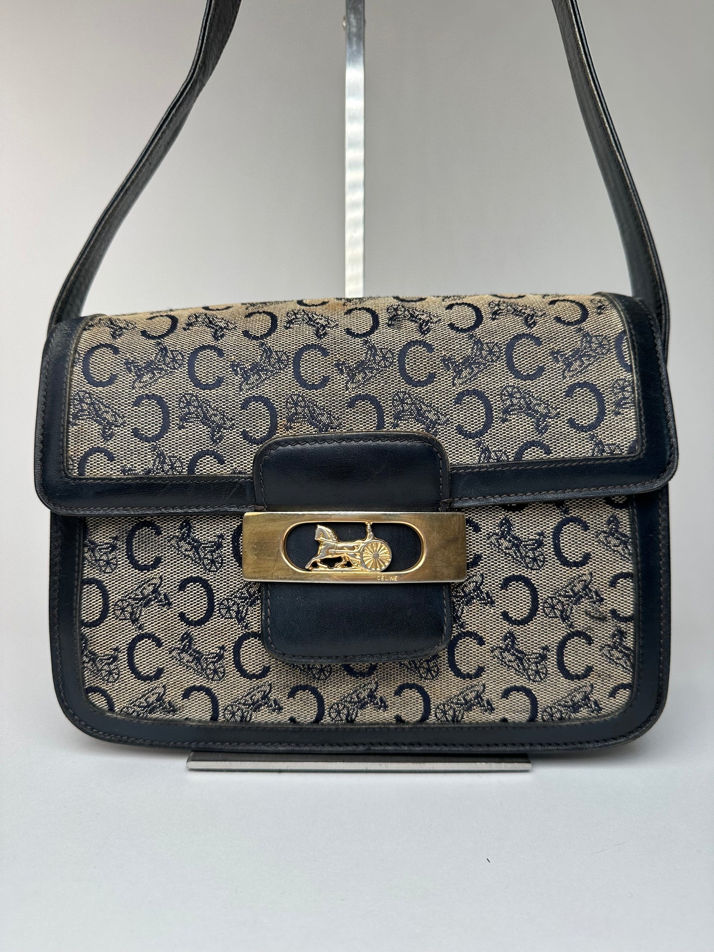 Vintage Celine Paris Canvas Leather Multiway Bag Grey Navy Black