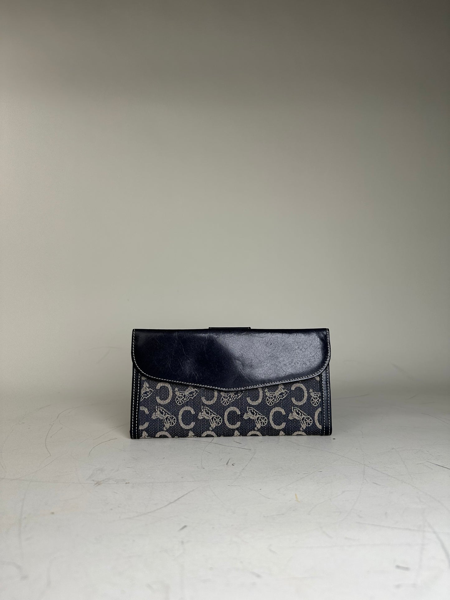 Vintage Celine C Monogram Canvas Wallet Navy Grey Gold