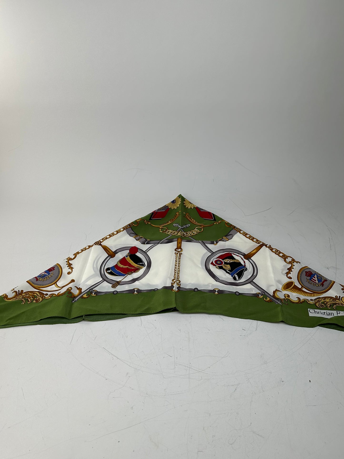 Vintage Christian Silk Foulard Scarf Green Red Gold