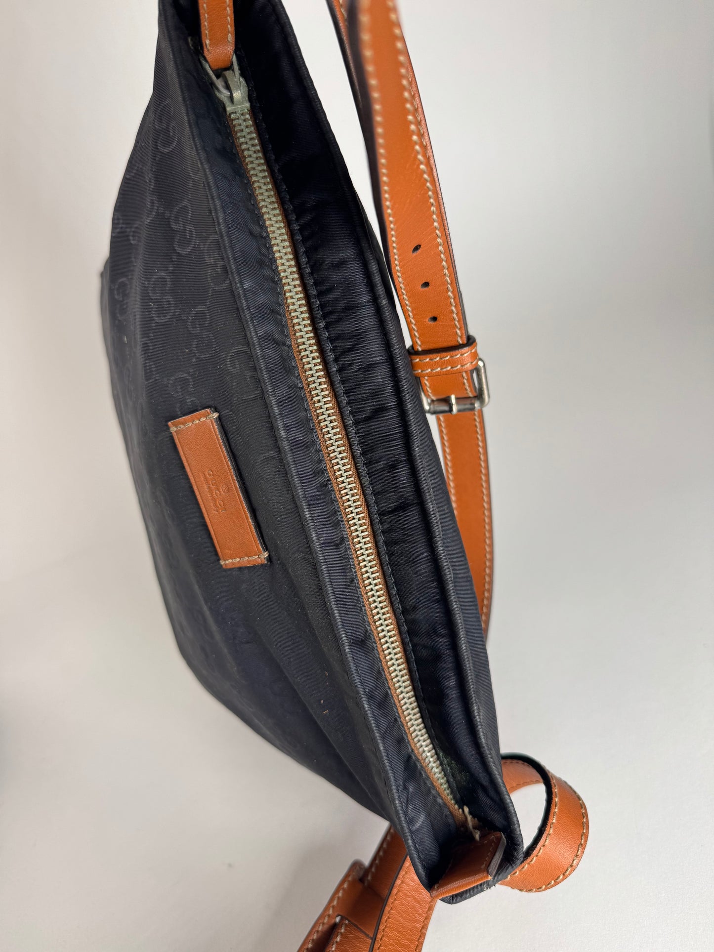 Vintage Gucci Monogram Canvas Leather Shoulder / Crossbody Bag Black Brown