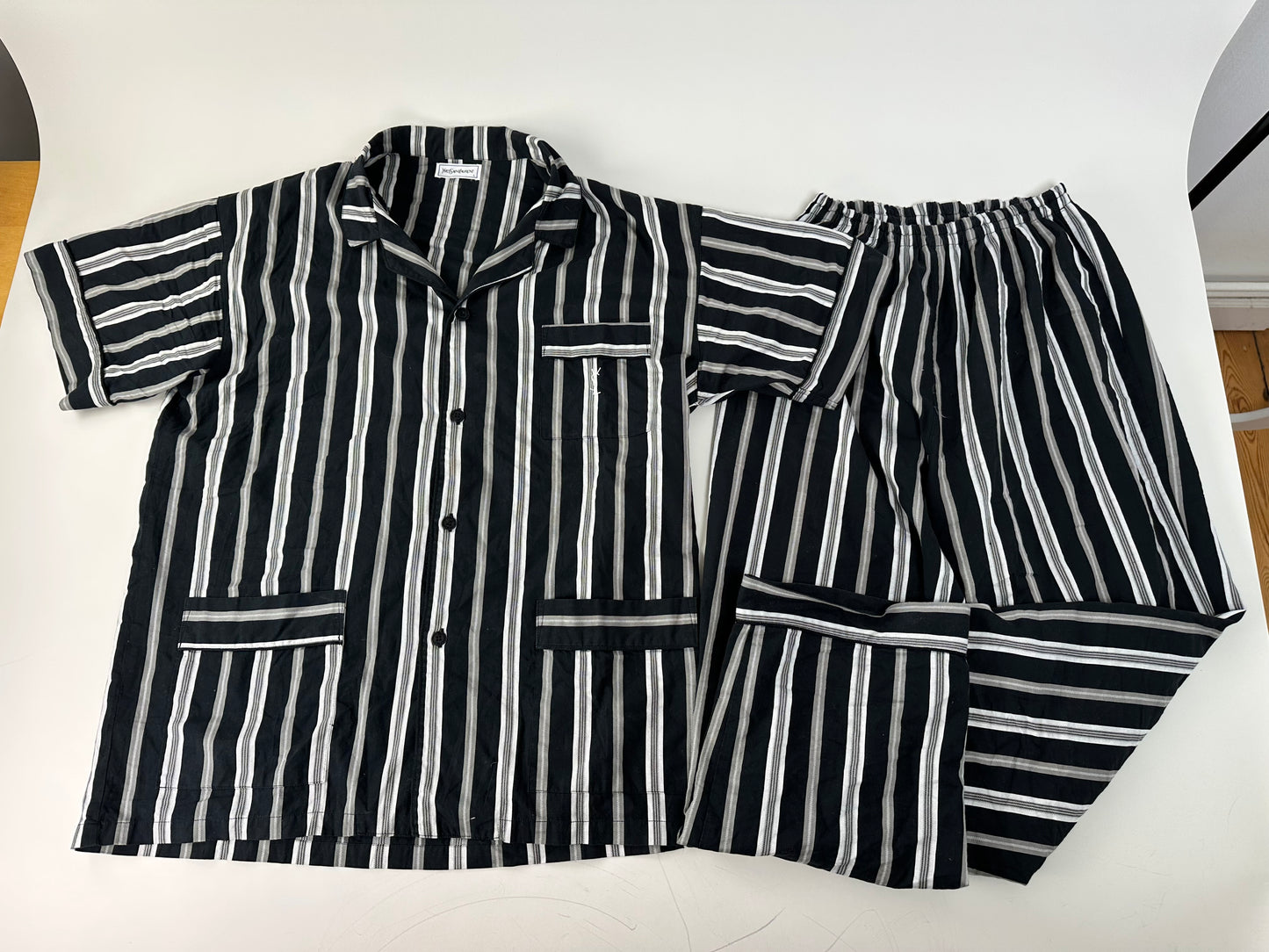 Vintage Yves Saint Laurent Striped Cotton Pajama Set Black White