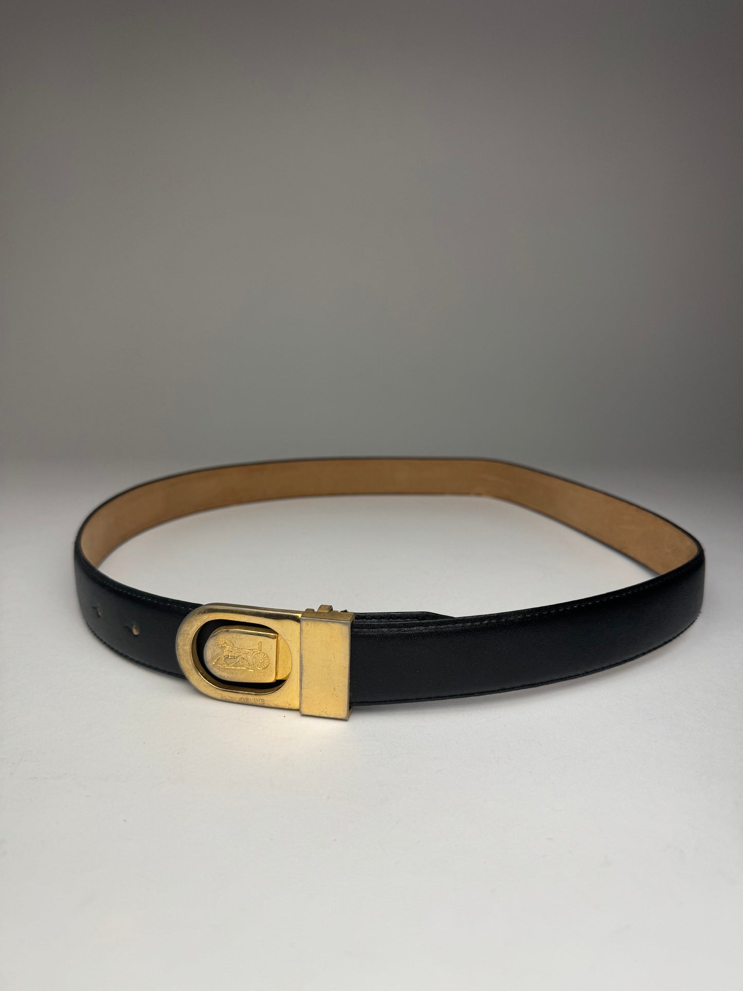 Vintage Celine Paris Carriage Logo Leather Belt Black
