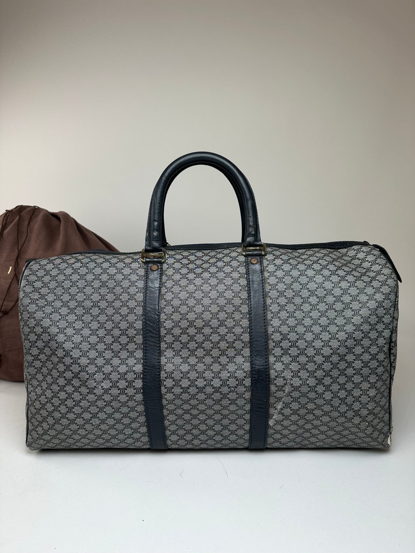 Vintage Celine Paris Triomphe Monogram Duffel Bag Grey Navy Black