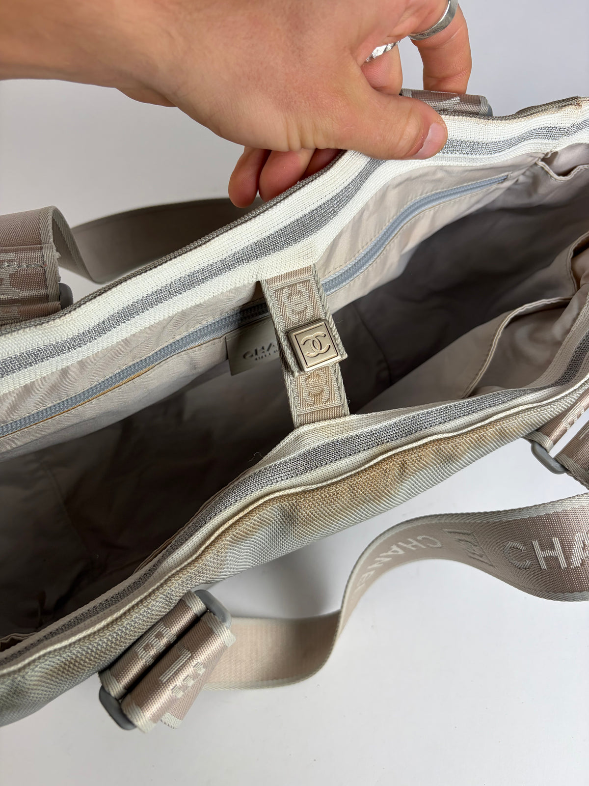 Vintage Chanel Sport Line Nylon Tote c. 2005–2006 Grey Beige Black