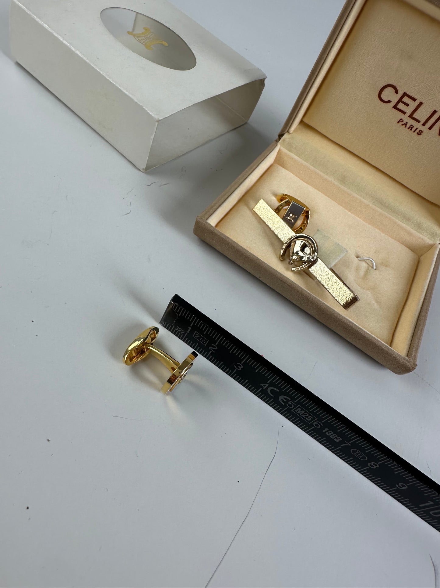 Vintage Celine Logo Cufflinks and Tie Clip Set Gold
