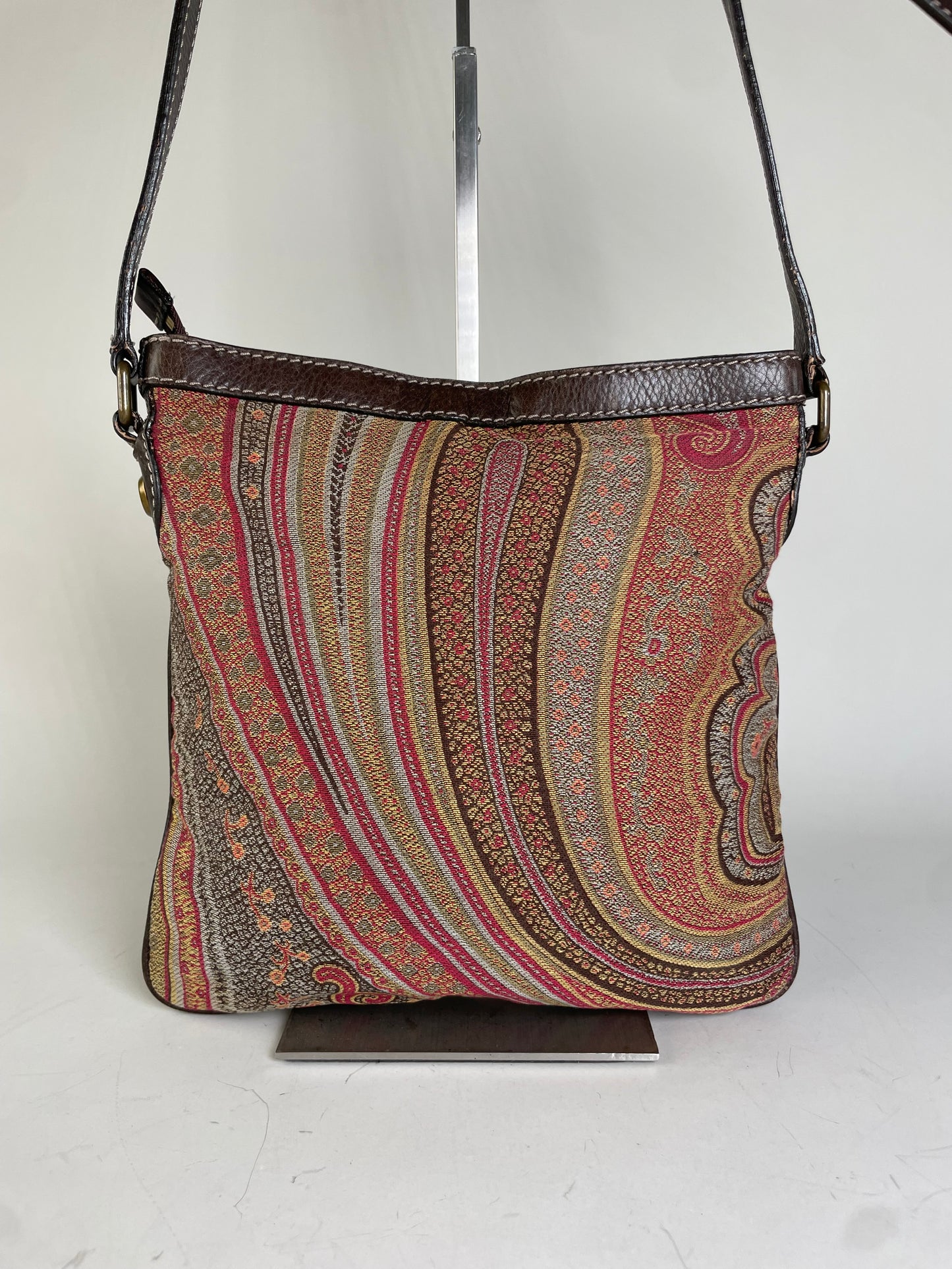 Vintage Etro Patterned Textile Shoulder Bag Tan Rust Magenta