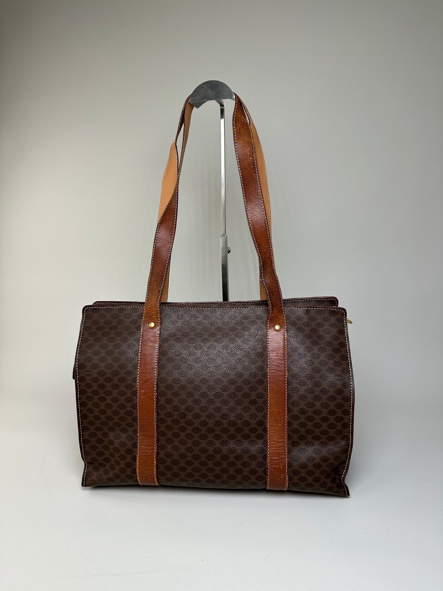 Vintage Celine Macadam Canvas Tote Brown Tan Gold