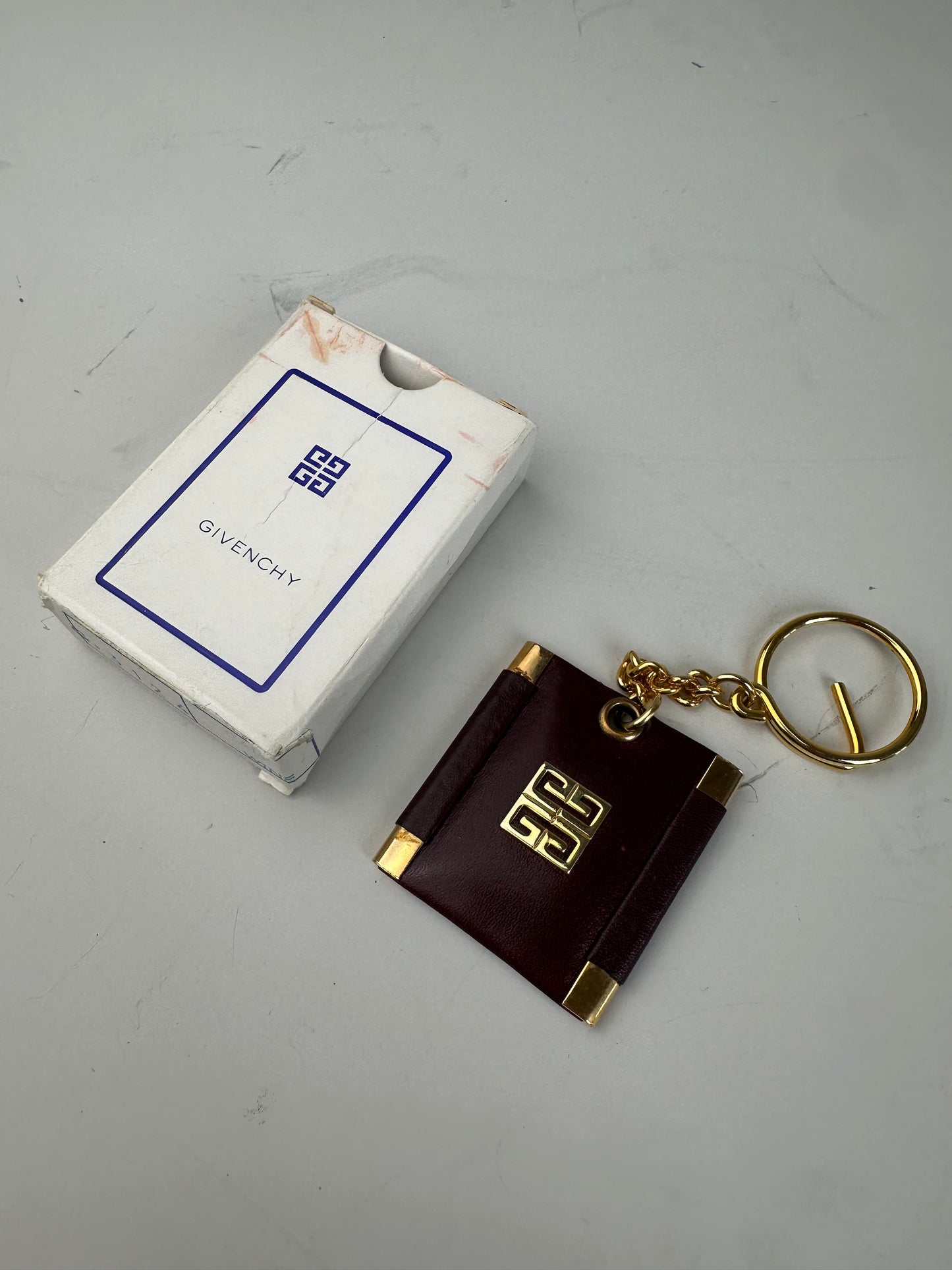 Vintage Givenchy Interlocking G Logo Leather Keychain Burgundy Gold