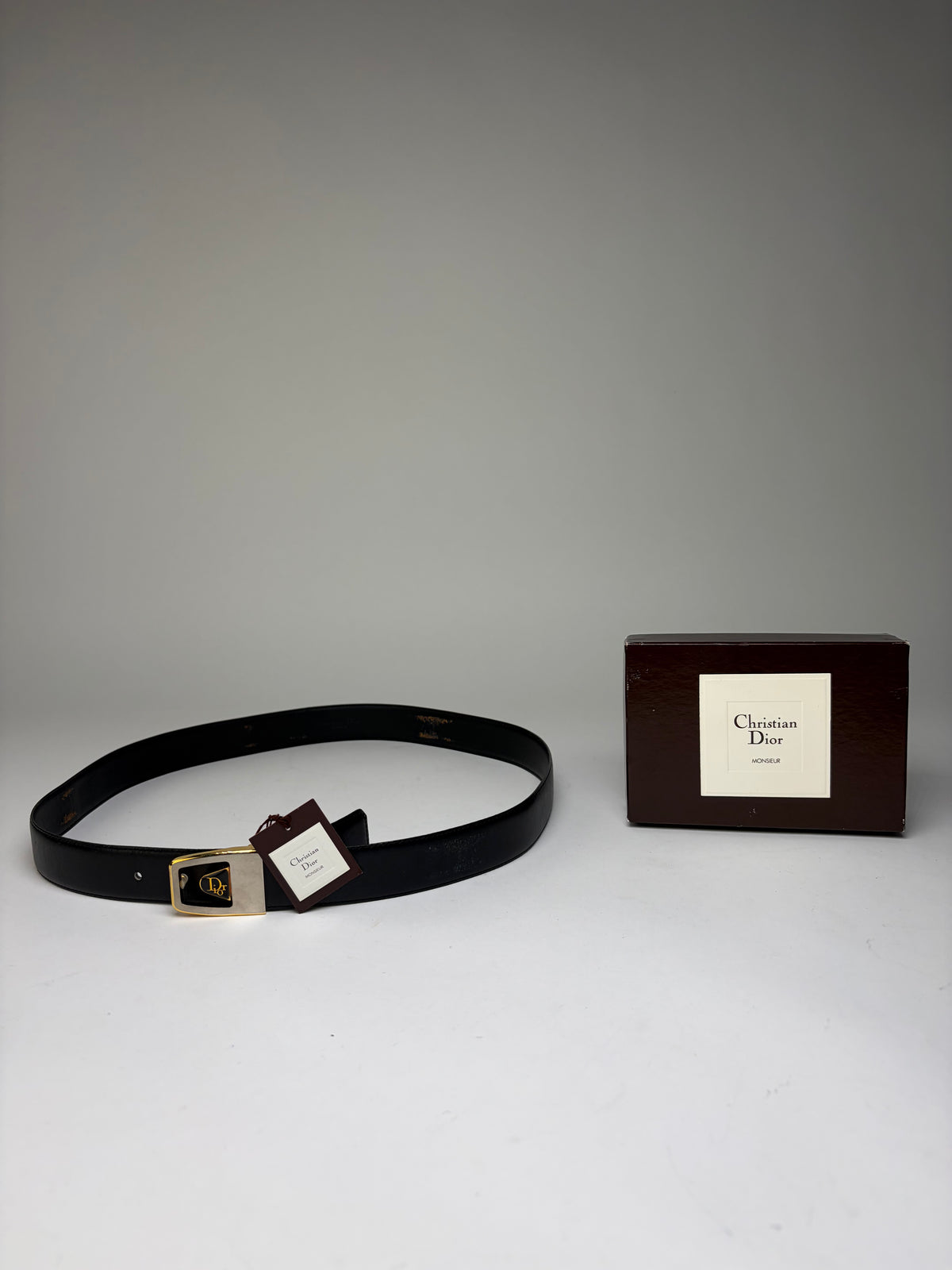 Vintage Dior Monsieur Leather Belt Black Gold c. Late 1970s–1980s