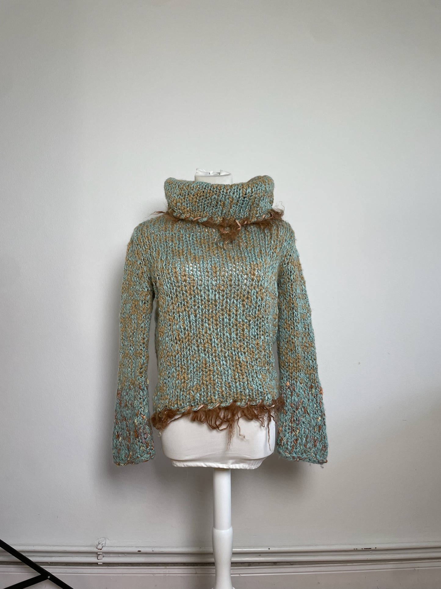 Vintage Escada Metallic Wool Blend Sweater Aqua Tan S