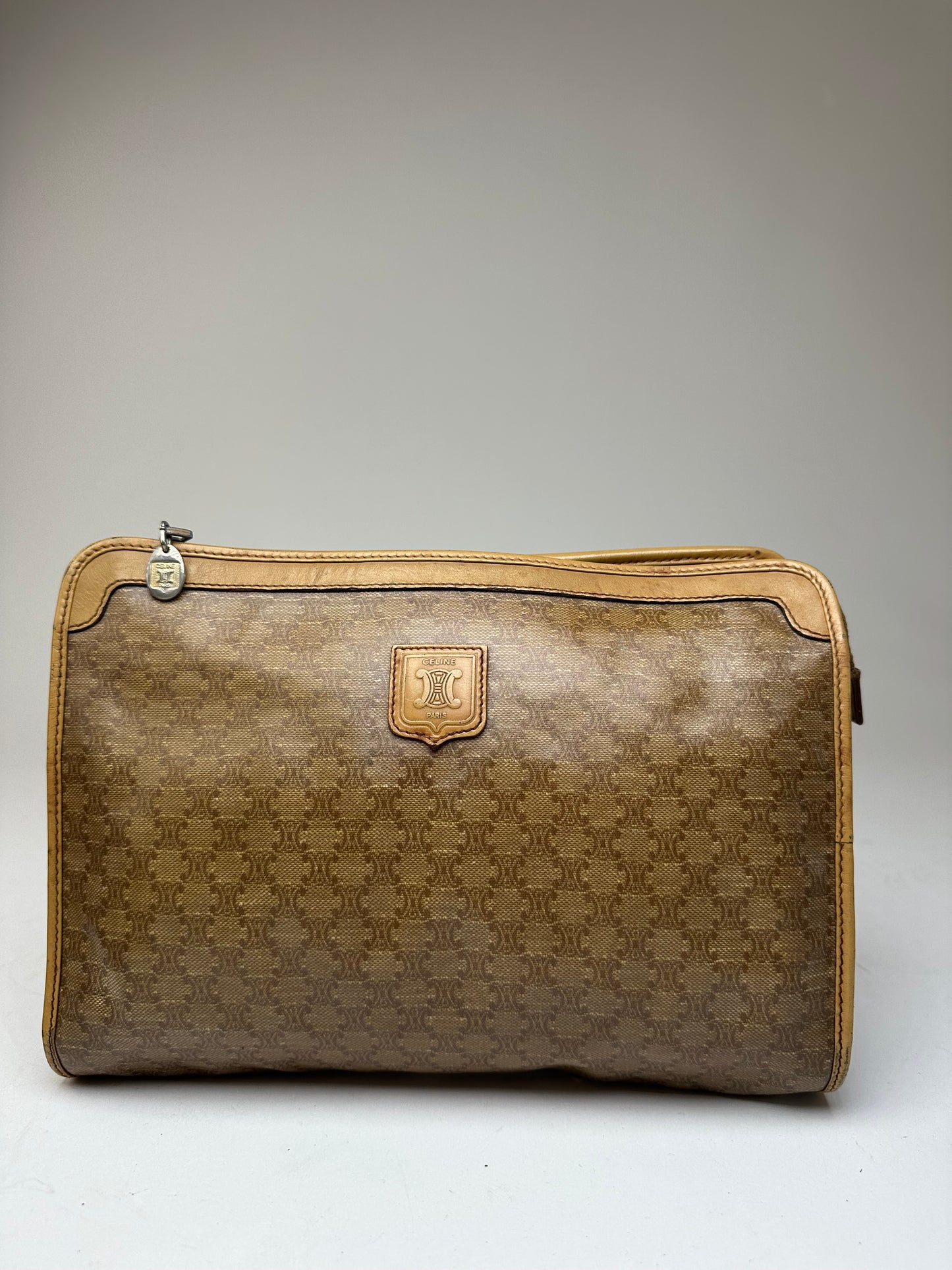 Vintage Celine Triomphe Monogram Leather Clutch Beige Gold Brown
