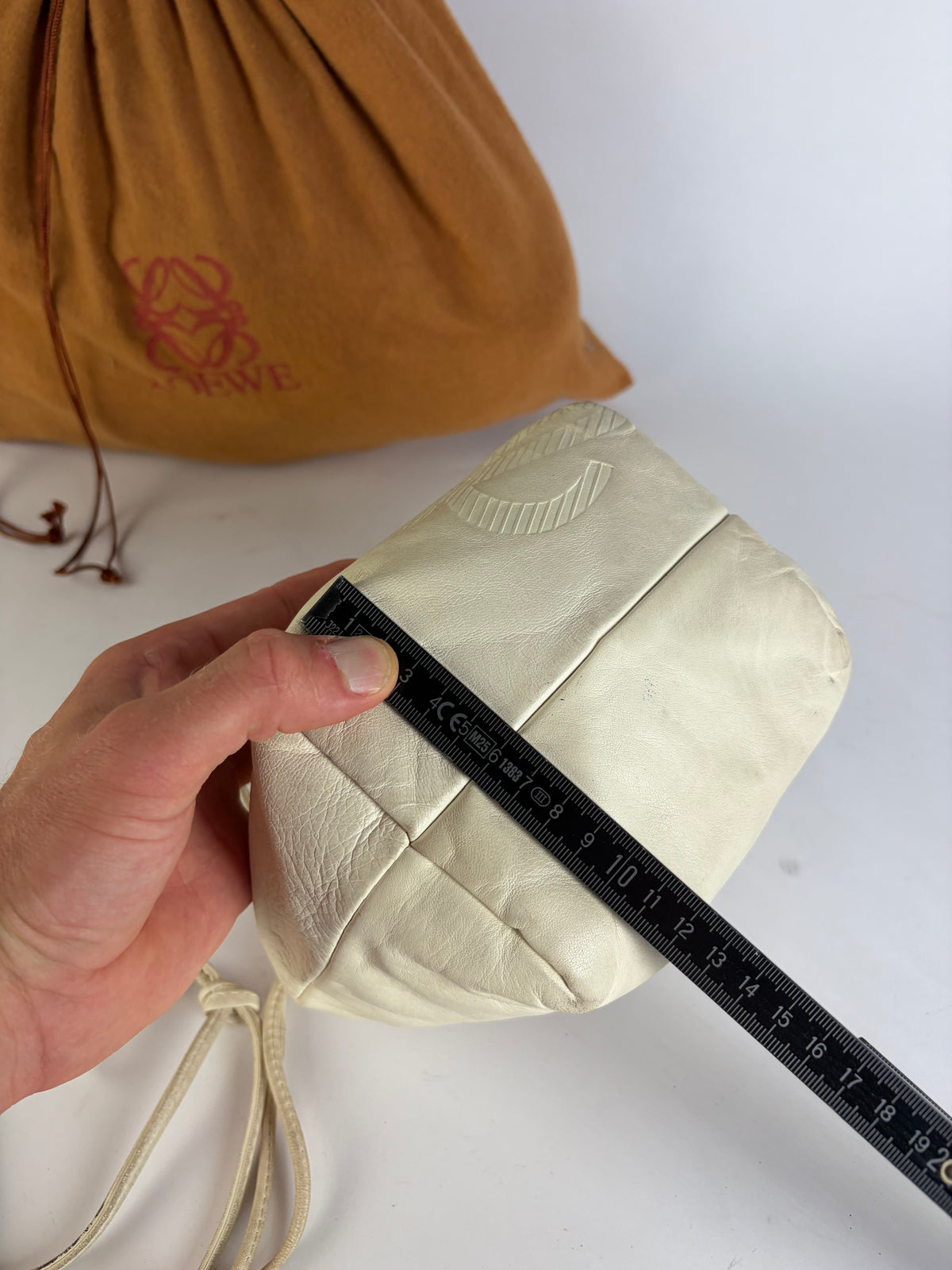 Vintage Loewe Textured Leather Drawstring Bag Late 1990s Off-White