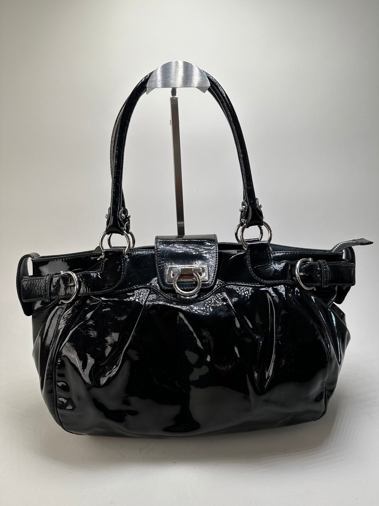 Vintage Ferragamo Sofia Patent Handbag Black Silver
