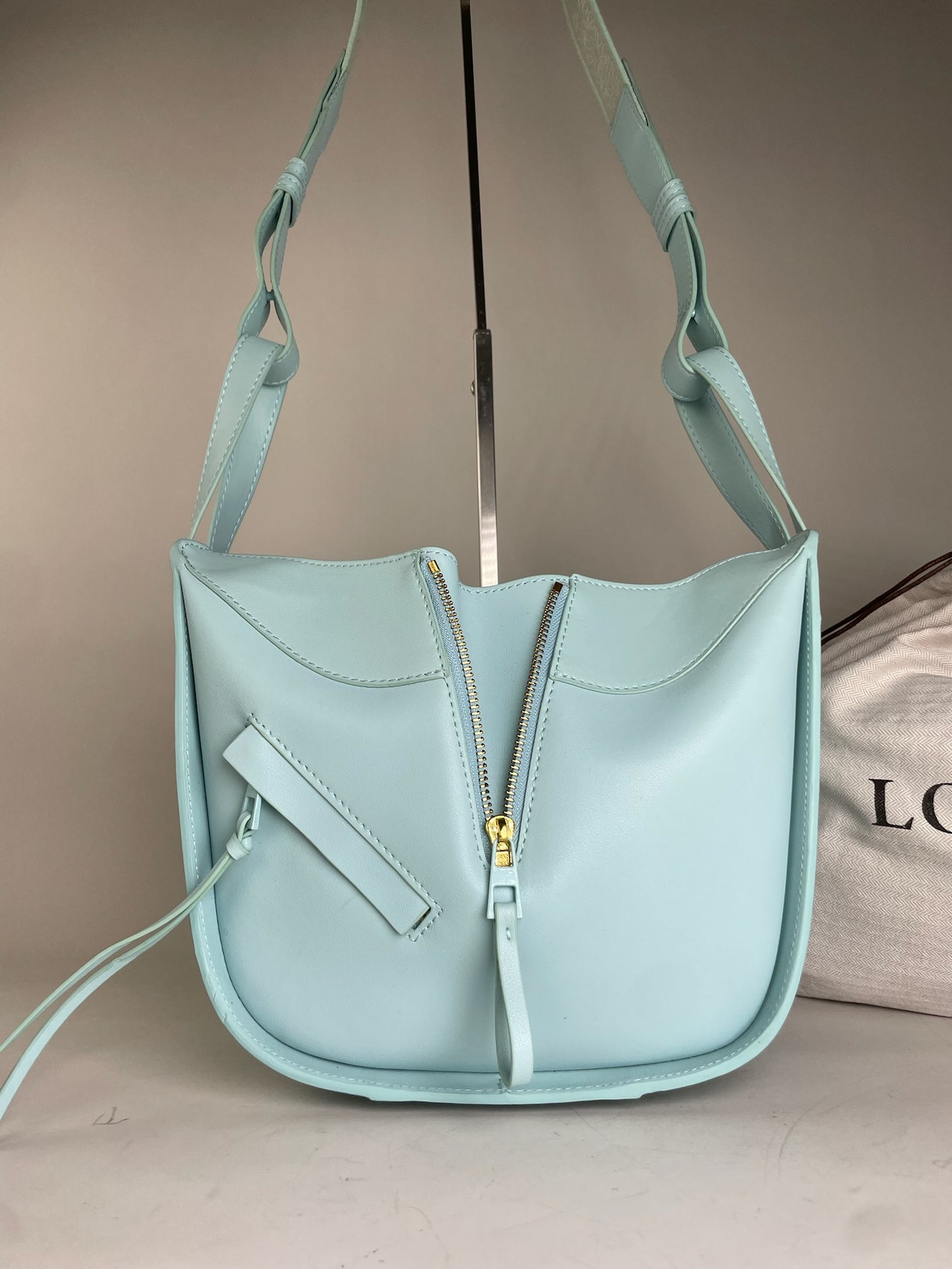 Vintage Loewe Leather Shoulder Bag Light Blue Gold Zip