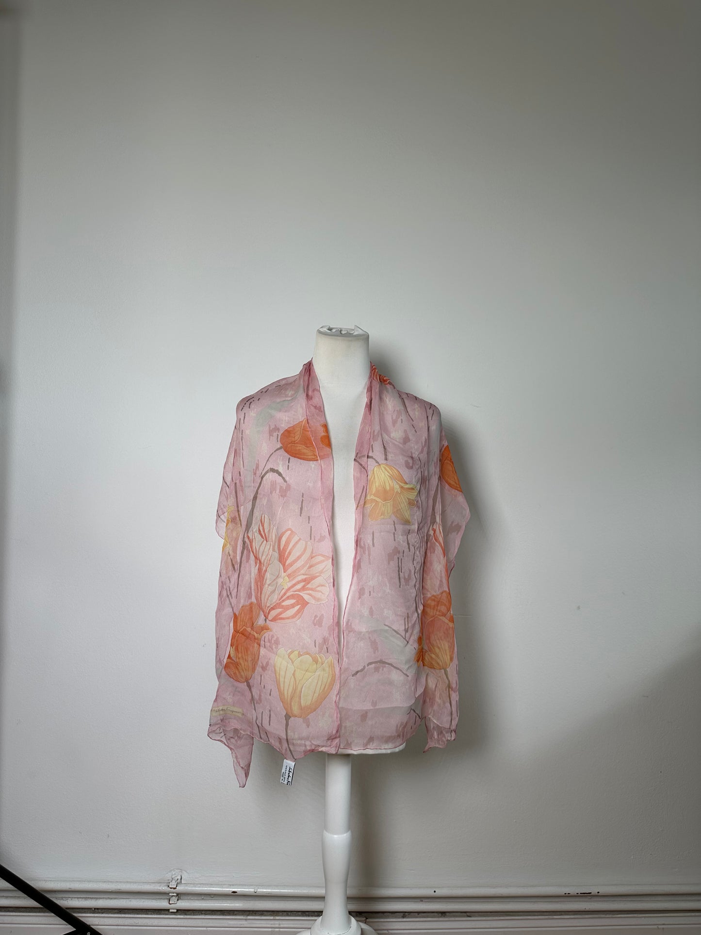 Vintage Ferragamo Floral Silk Scarf Pink Orange Cream