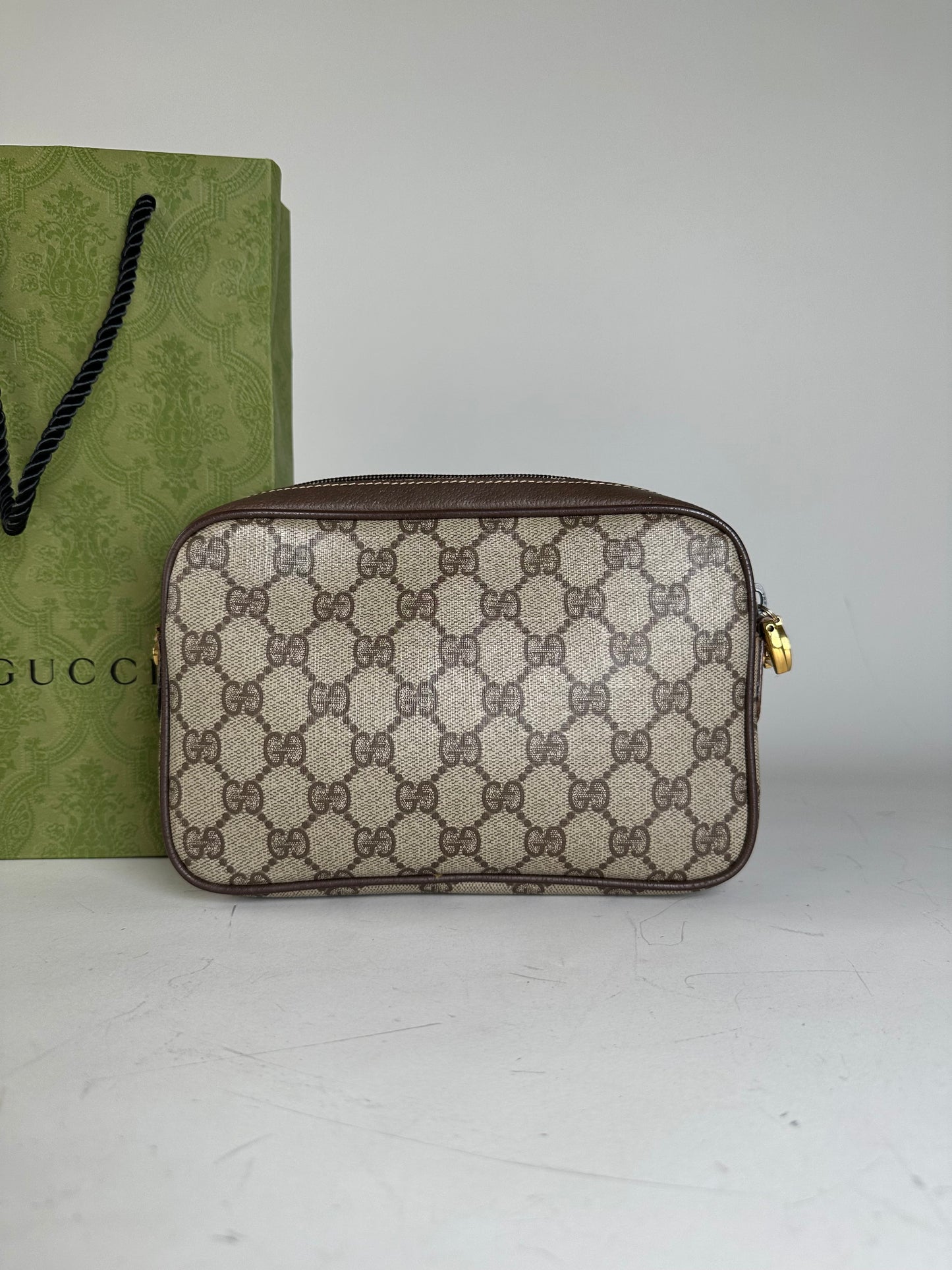 Vintage Gucci GG Supreme Cosmetic Case Beige Brown Gold