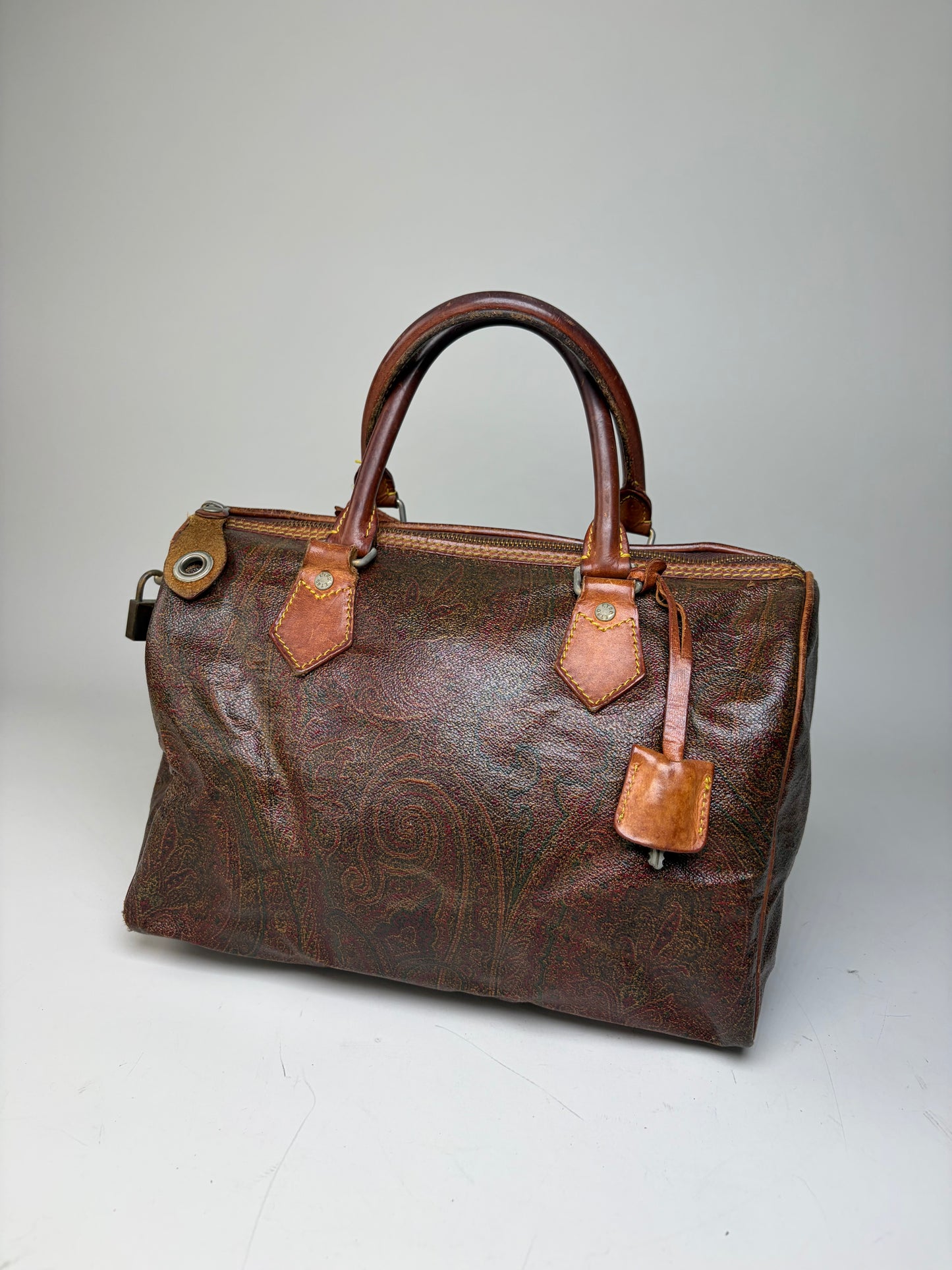 Vintage Etro Coated Leather Handbag Brown Rust Gold