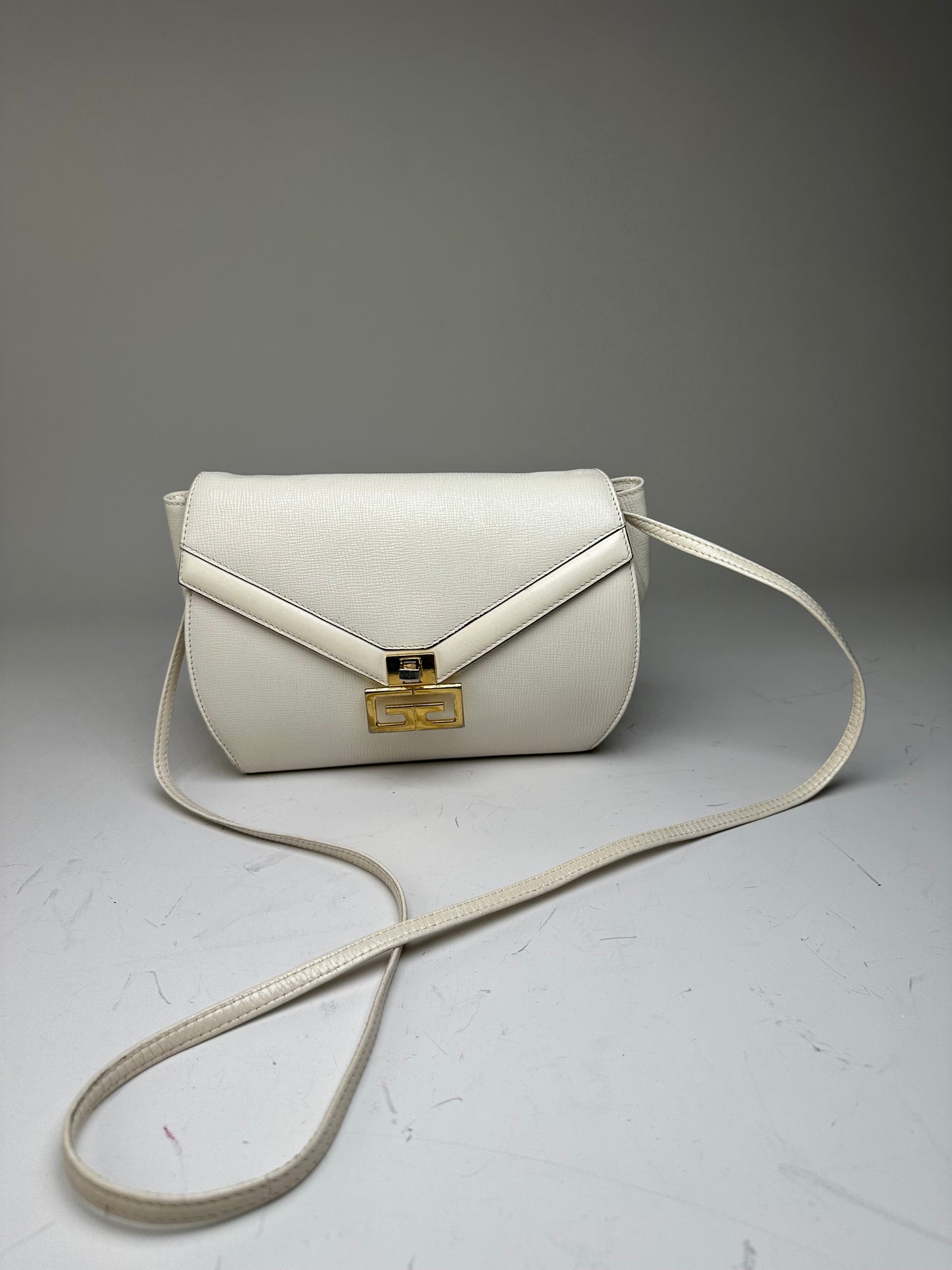 Vintage Givenchy Textured Leather Shoulder Bag White Gold