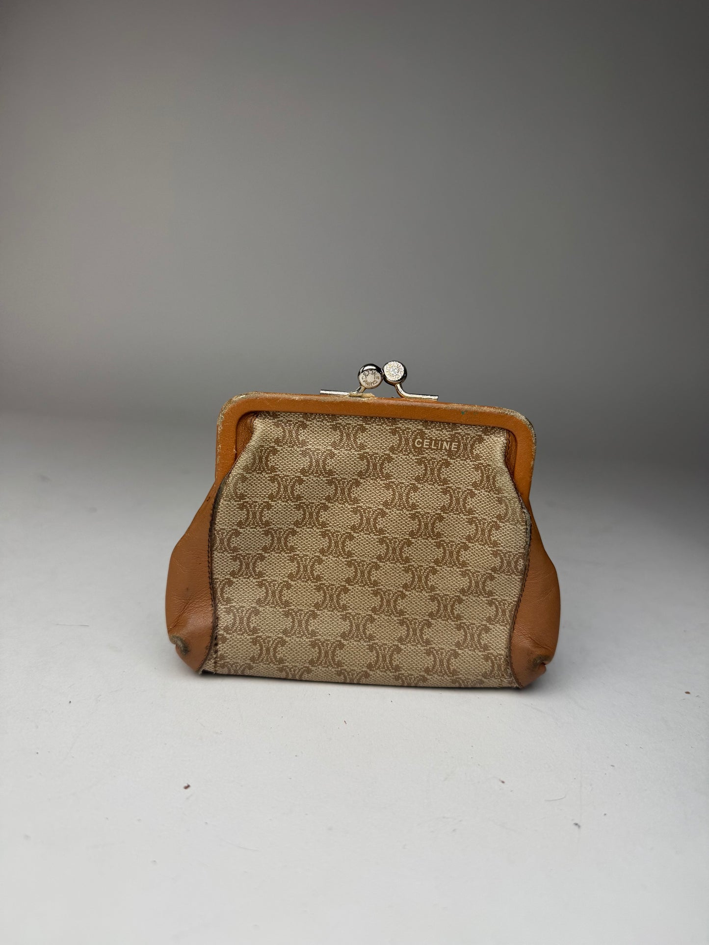 Vintage Celine Paris Triomphe Monogram Leather card Holder / Purse beige brown