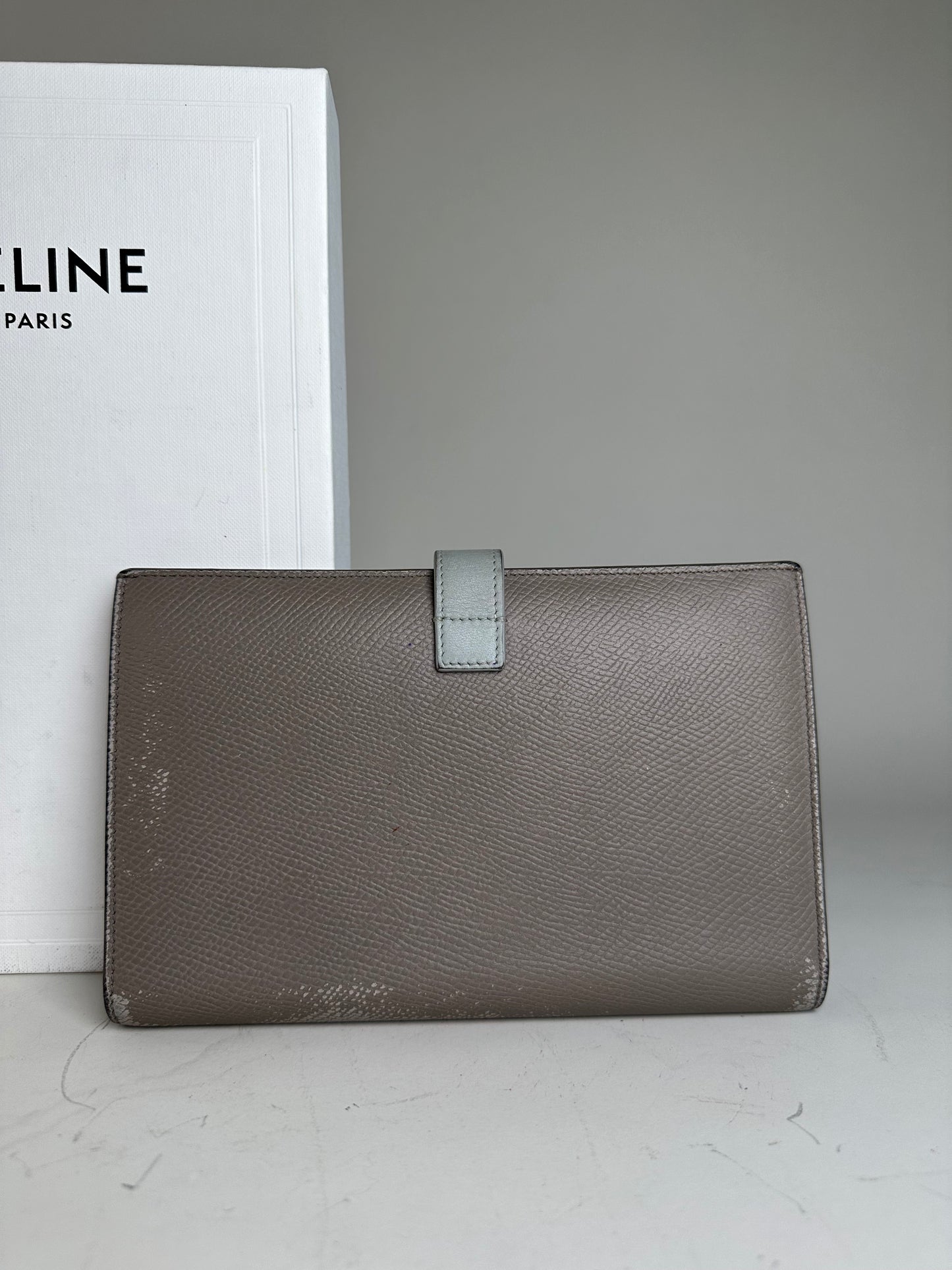 Vintage Celine Textured Leather Wallet Grey Silver
