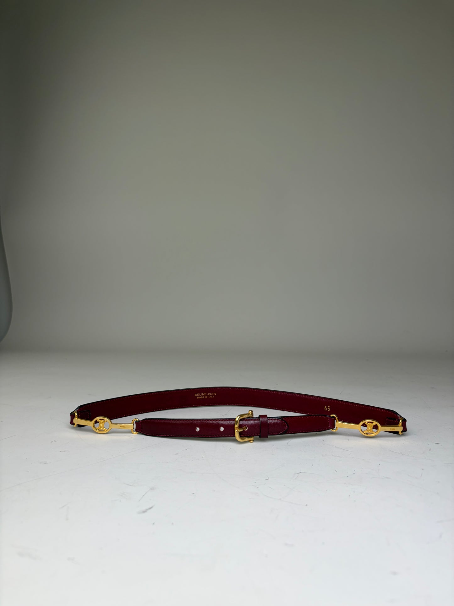 Vintage Celine Leather Logo Belt Burgundy Gold