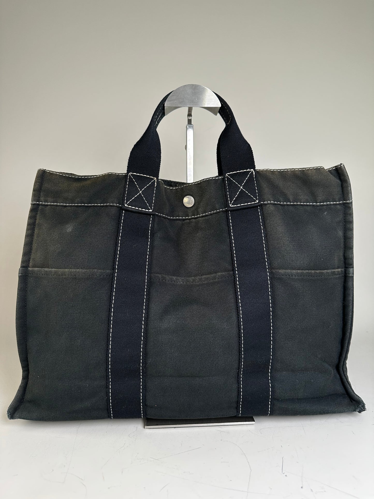 Vintage Hermes Canvas Tote Black Silver