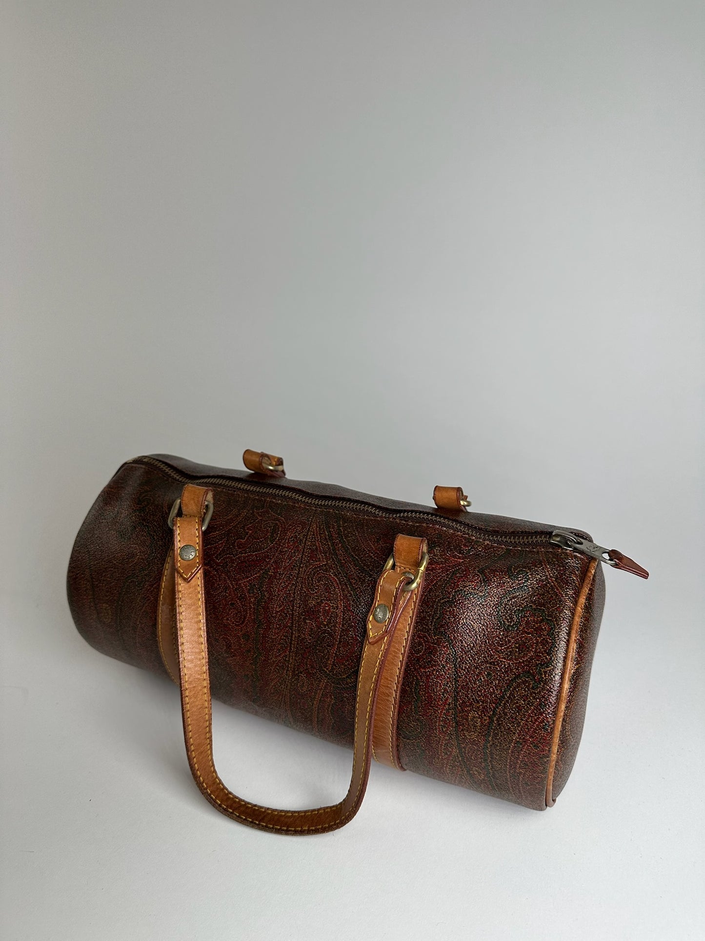 Vintage Etro Paisley Monogram Leather Bowling Bag