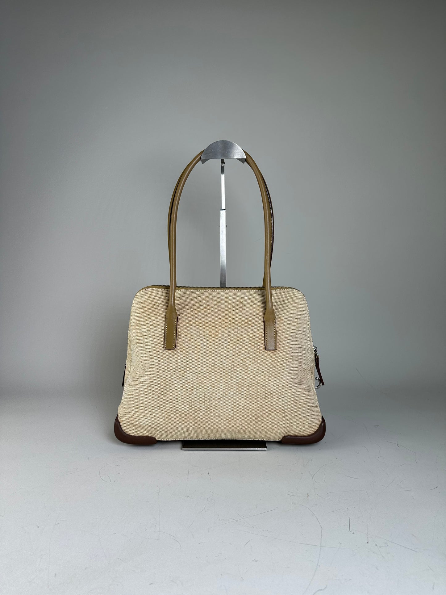 Vintage Prada Canvas Leather Trim Tote Beige Brown