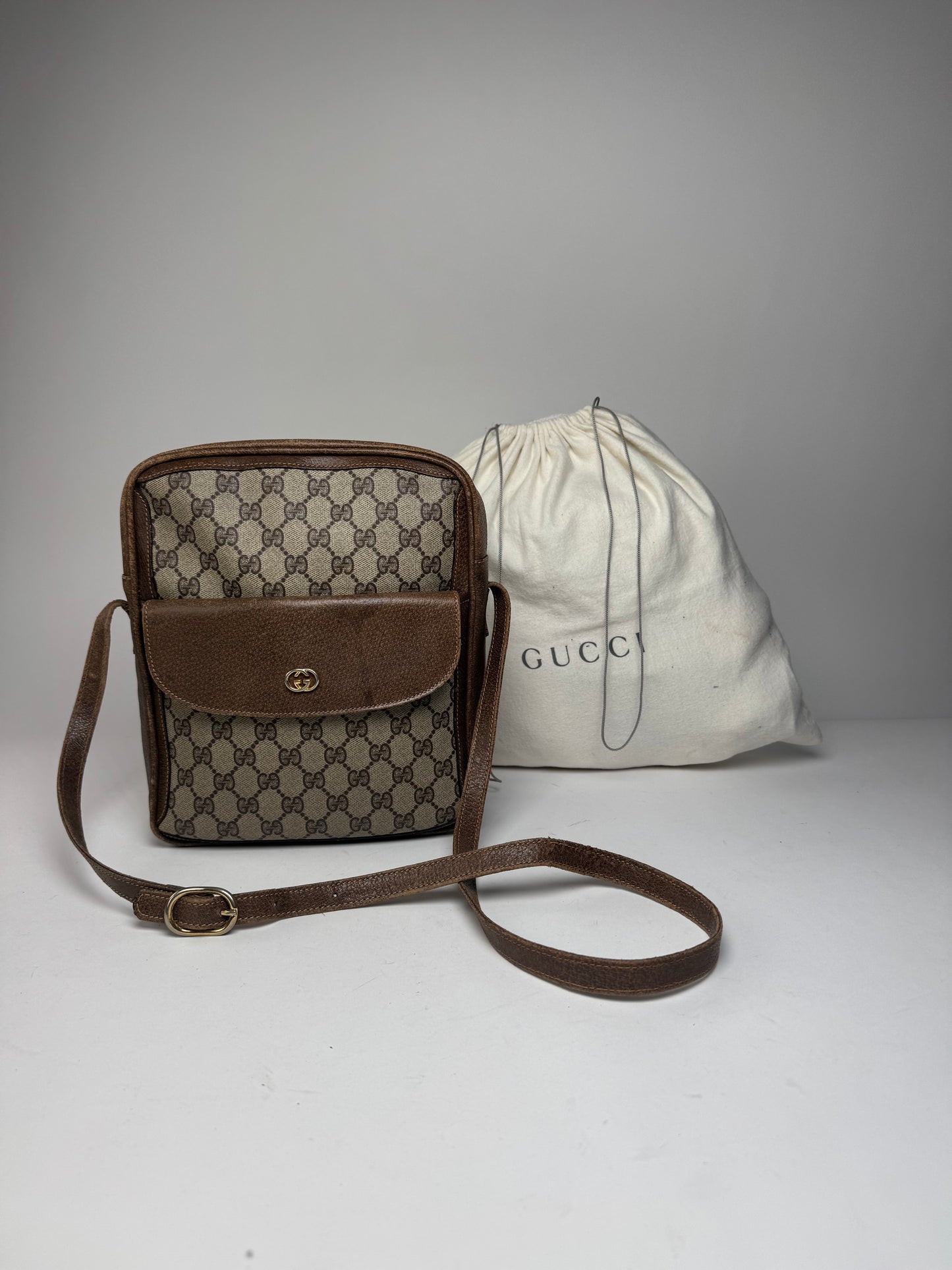 Vintage Gucci Monogram Leather Shoulder Bag Grey / Brown