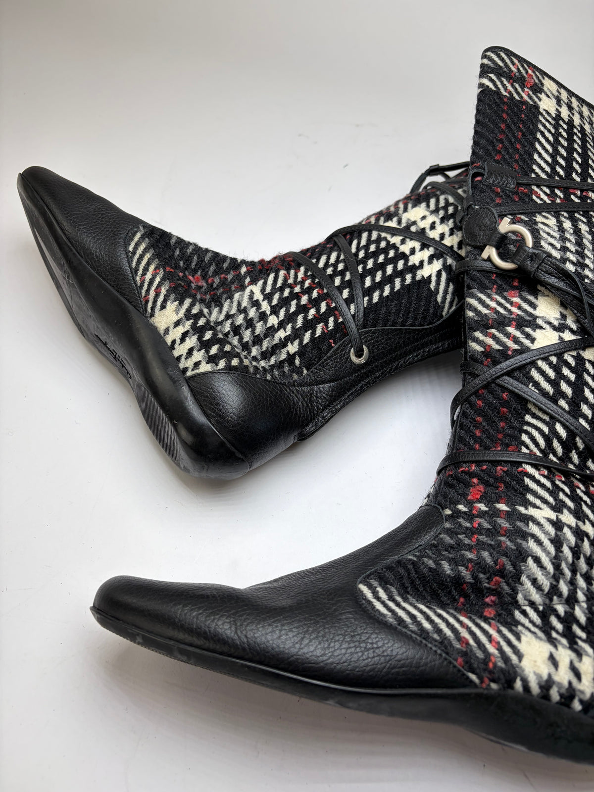 Vintage Salvatore Ferragamo Plaid Leather Knee-High Boots c. 2010 Black Cream Red EU38