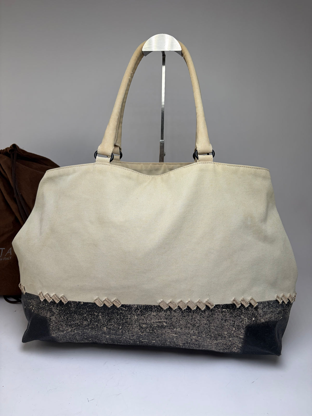 Vintage Bottega Veneta Canvas Leather Trim Tote Beige Black