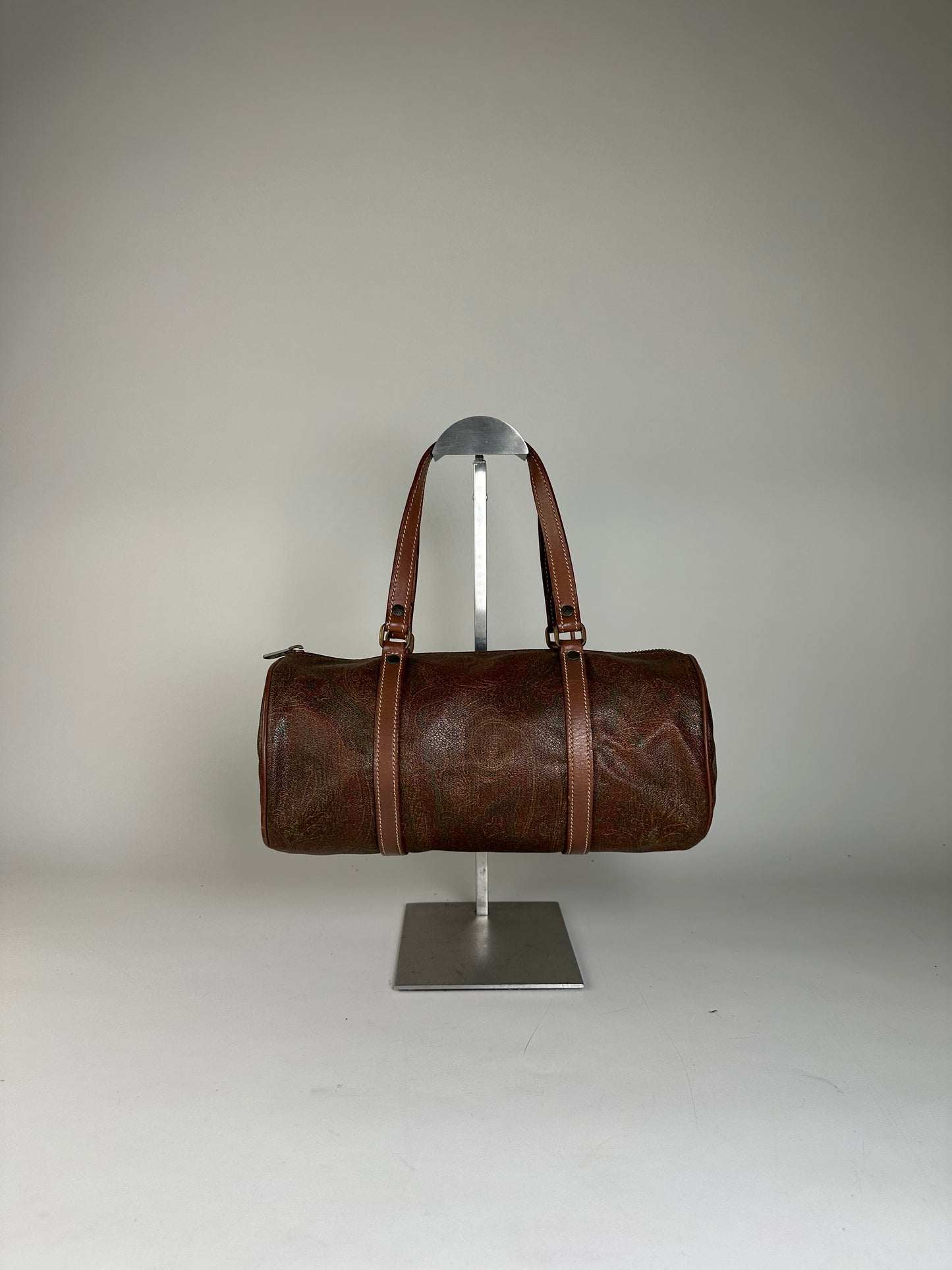 Vintage Etro Paisley Print Leather Duffle Bag Rust Brown