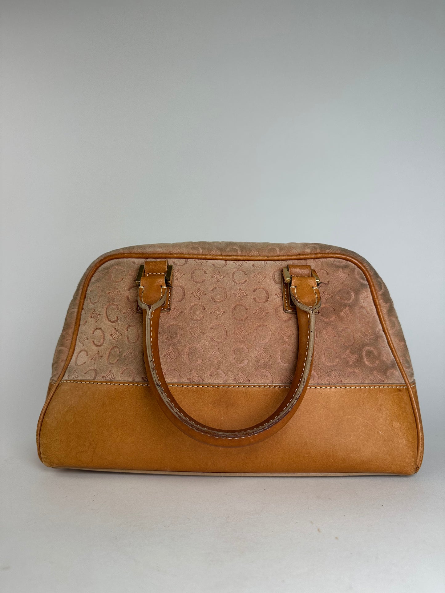 Vintage Celine Paris Triomphe Monogram Leather Velour Leather Handbag Pink Brown