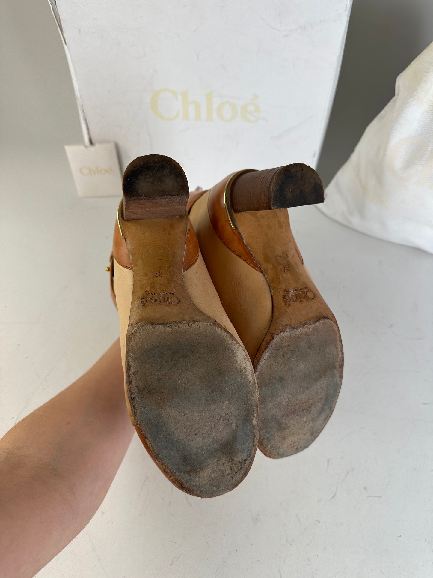 Vintage Chloe Leather Ankle Boots Beige Tan EU37
