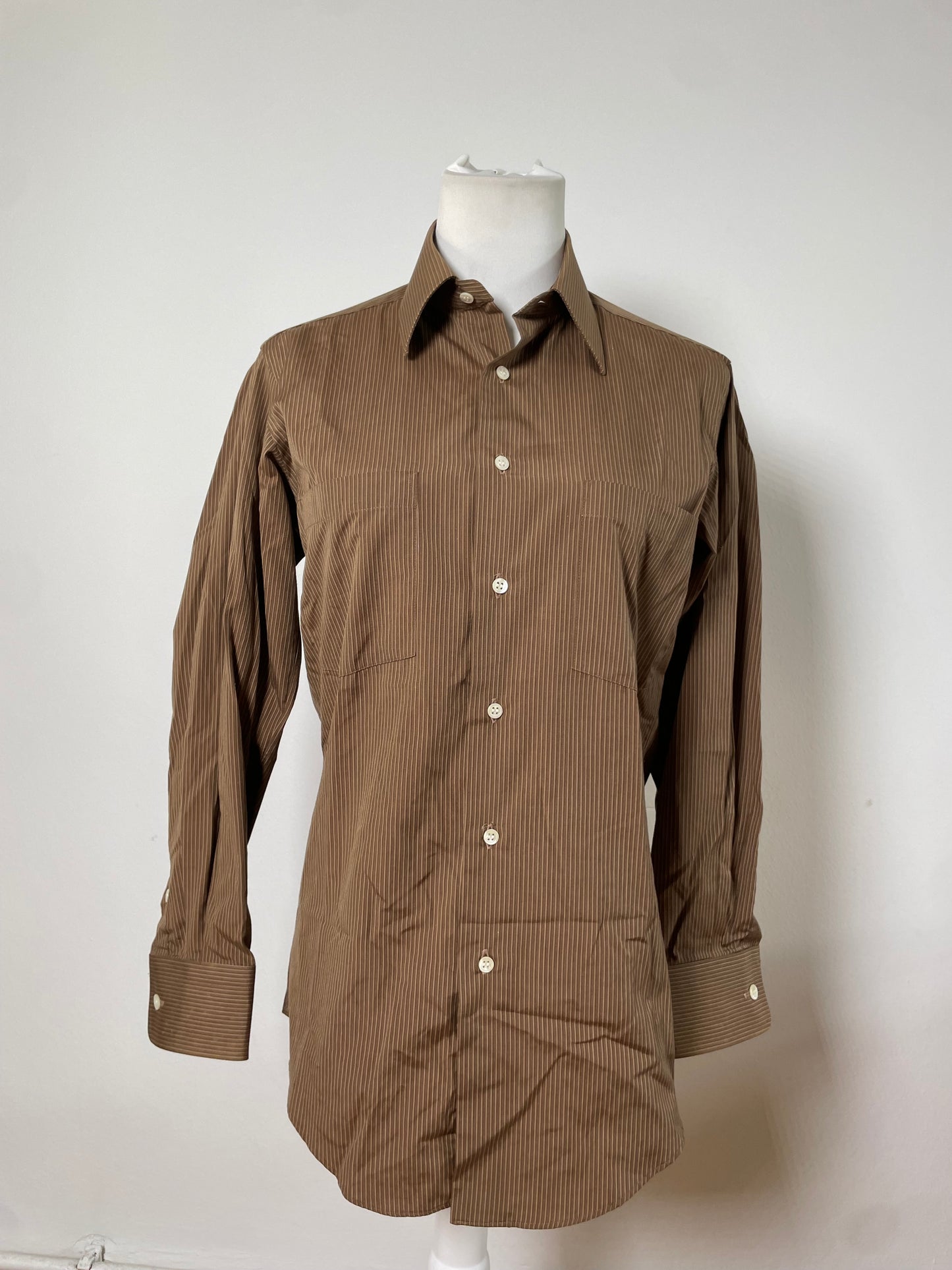 Vintage Saint Laurent Striped Cotton Blend Dress Shirt Brown Cream M