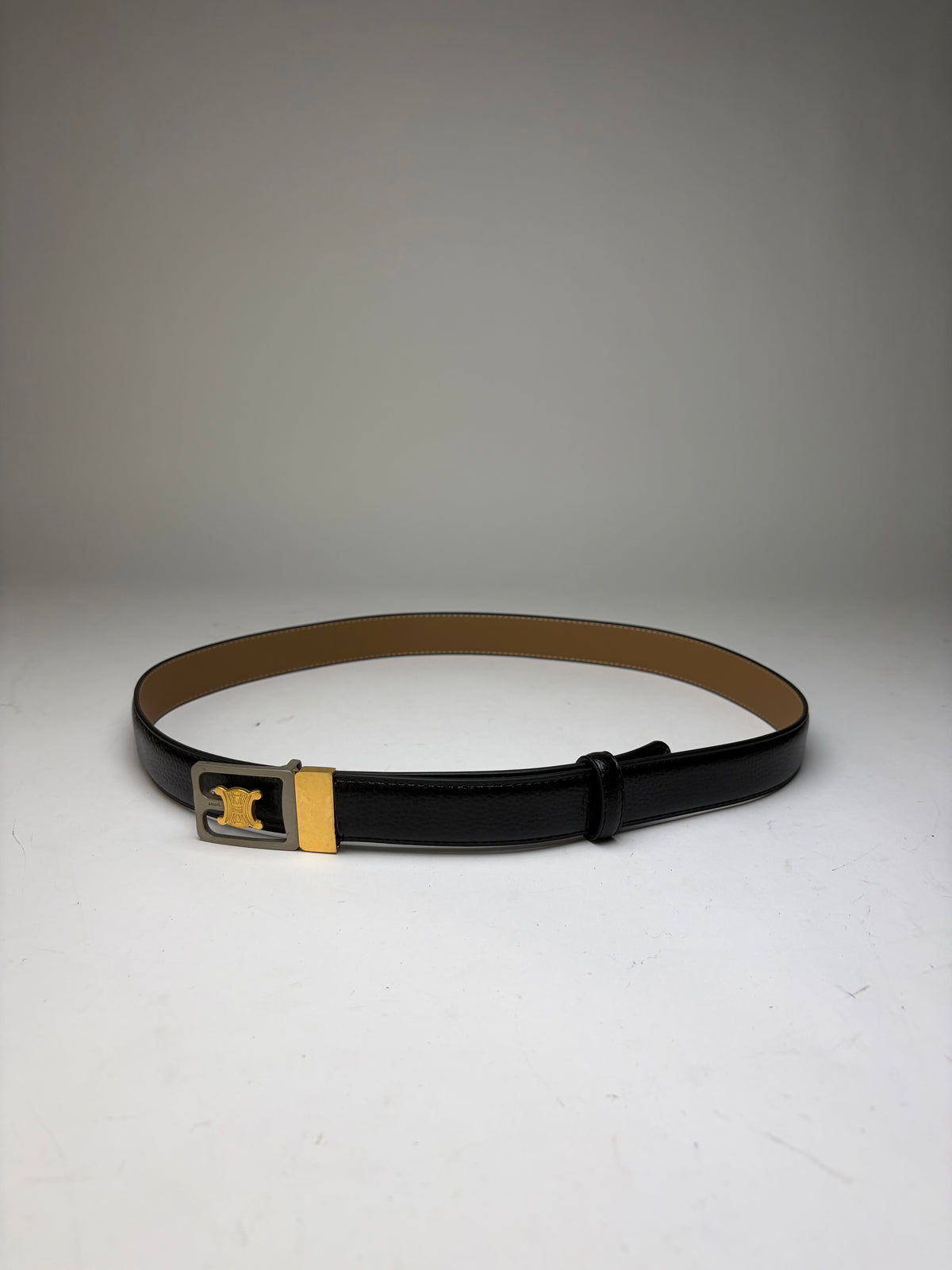 Vintage Celine Triomphe Grained Leather Belt Late 1980s Black Gold (Copy)