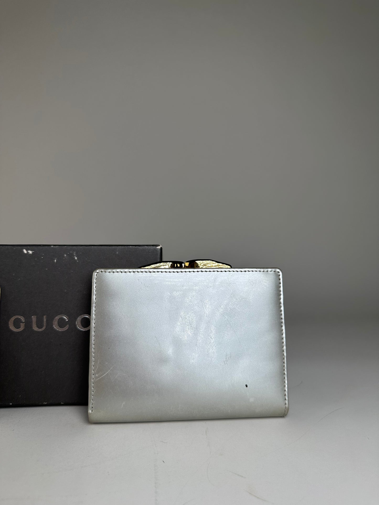 Vintage Gucci Leather Wallet Silver Gold-Tone Hardware
