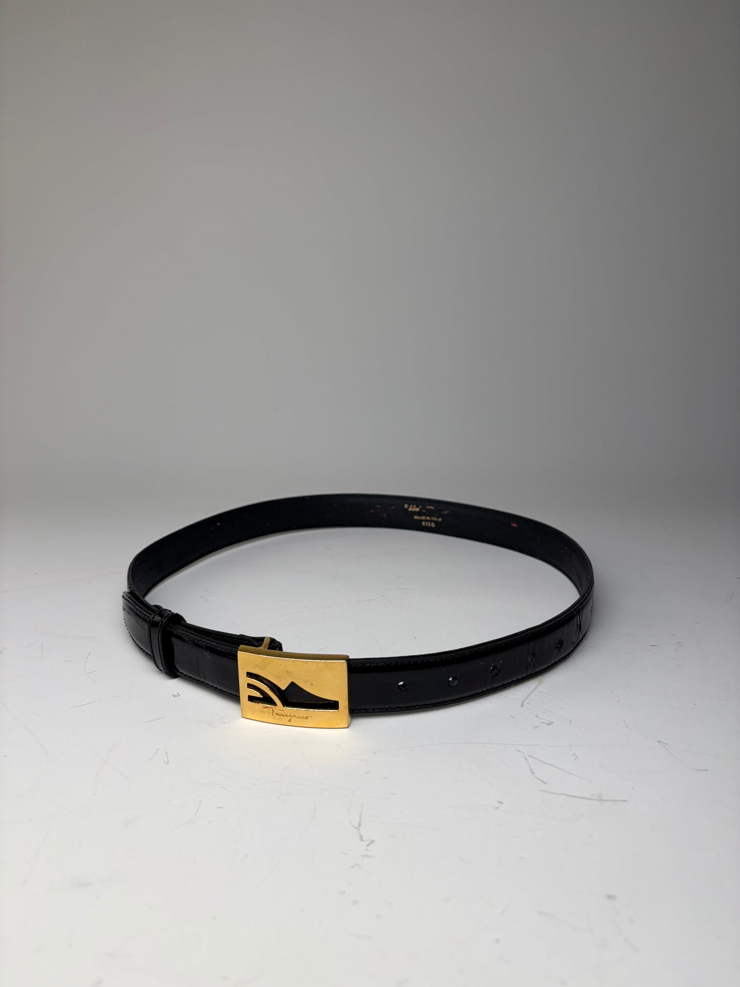 Vintage Ferragamo Patent Leather Logo Belt Black Gold