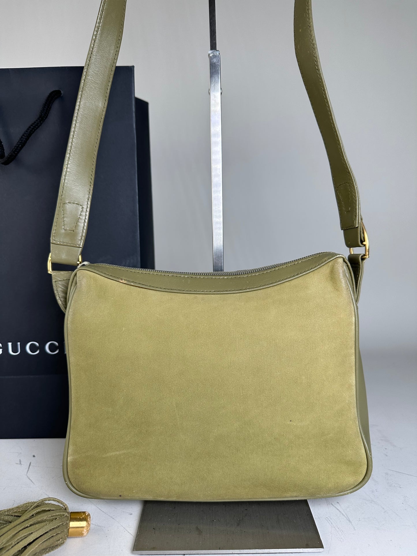 Vintage Gucci Suede Crossbody Bag Olive Green Gold