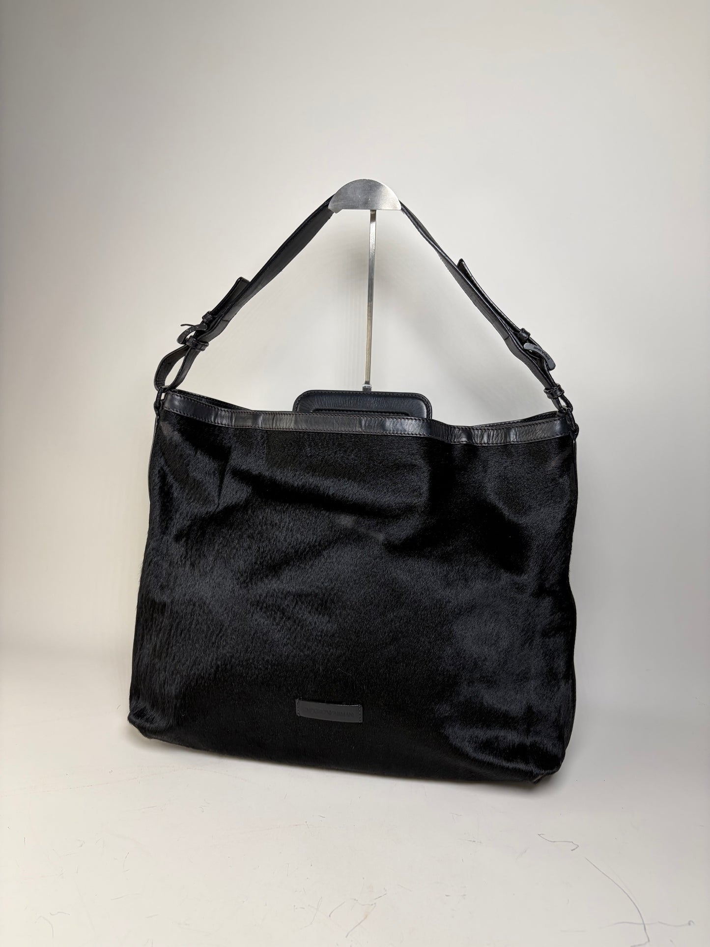 Vintage Emporio Armani Leather Fur Finish Shoulder Bag Black
