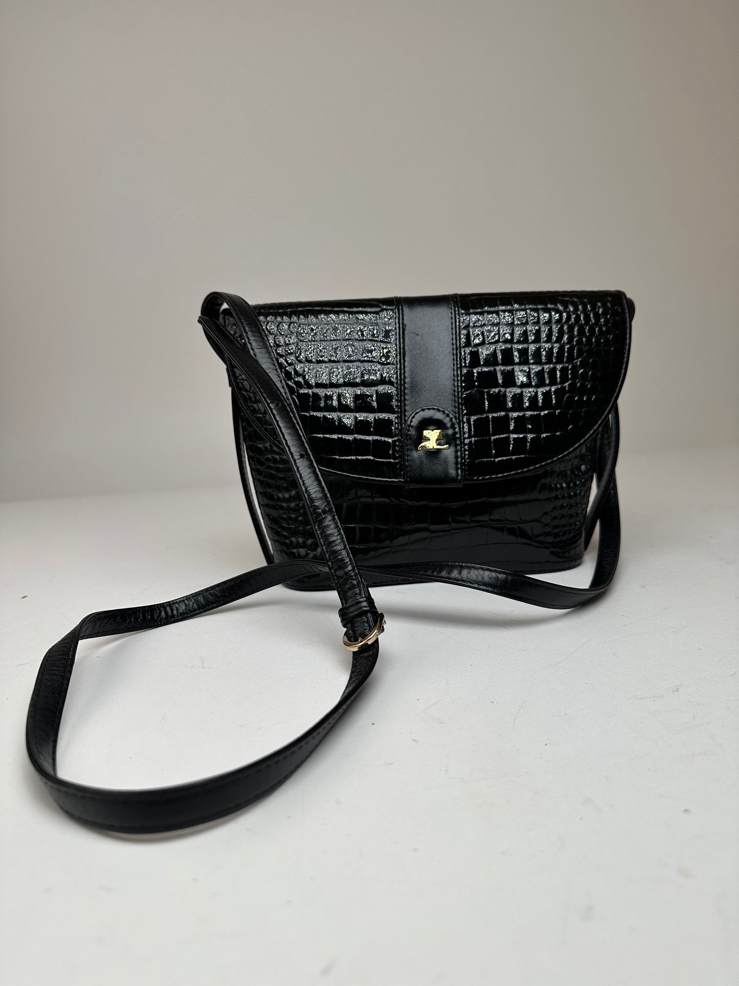 Vintage Courreges Crocodile Emblossed Leather Bag Black
