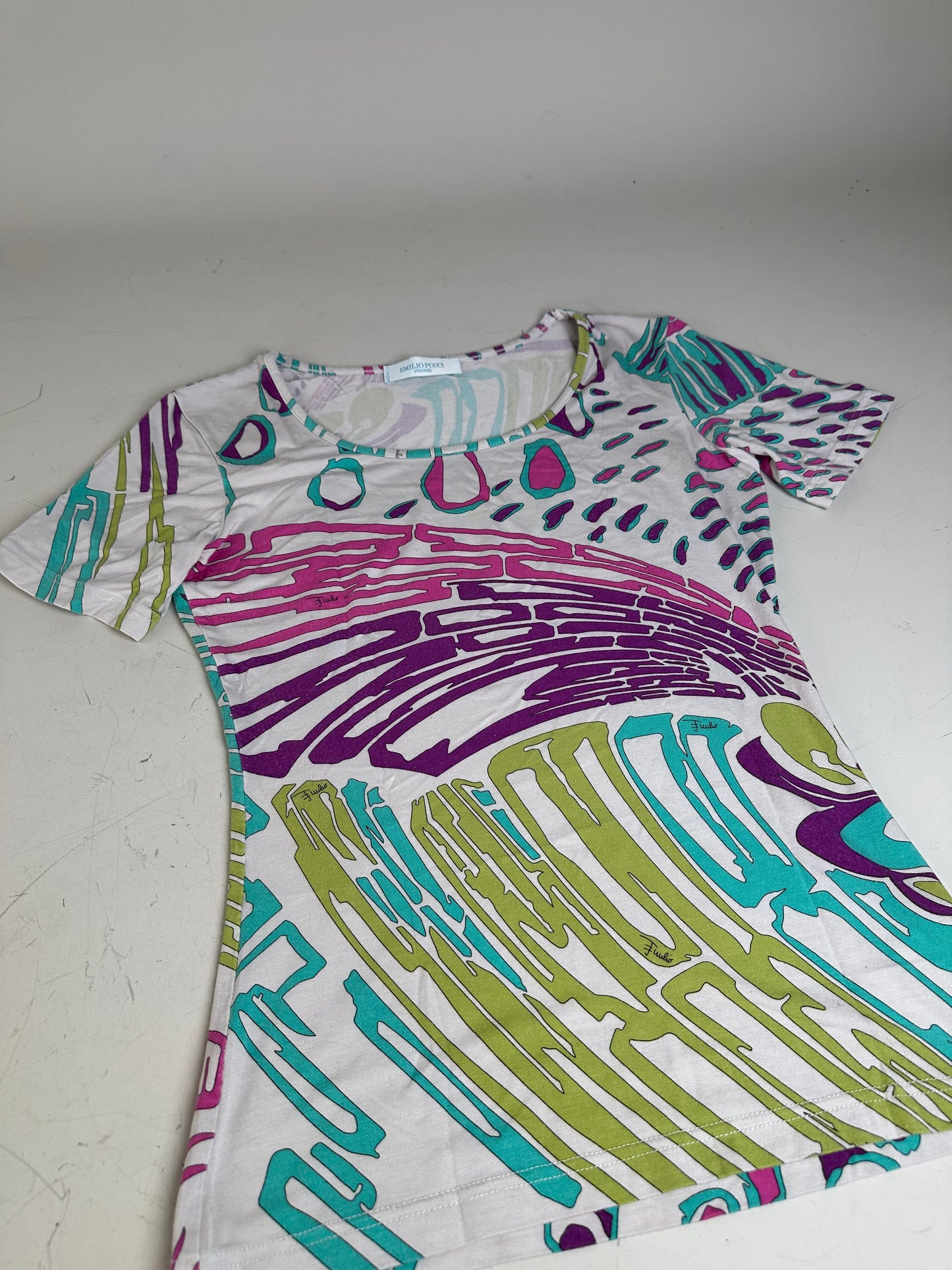 Vintage Emilio Pucci Abstract Print T-Shirt White Purple Turquoise XS