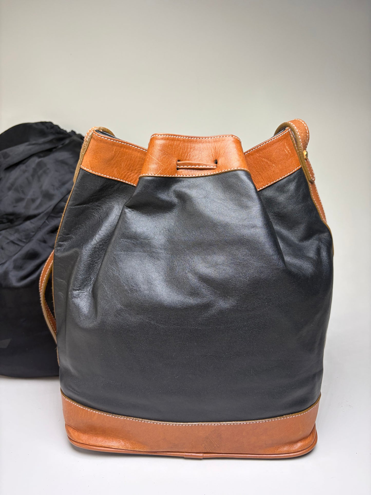 Vintage Yves Saint Laurent Monogram Leather Bucket Bag Black Tan