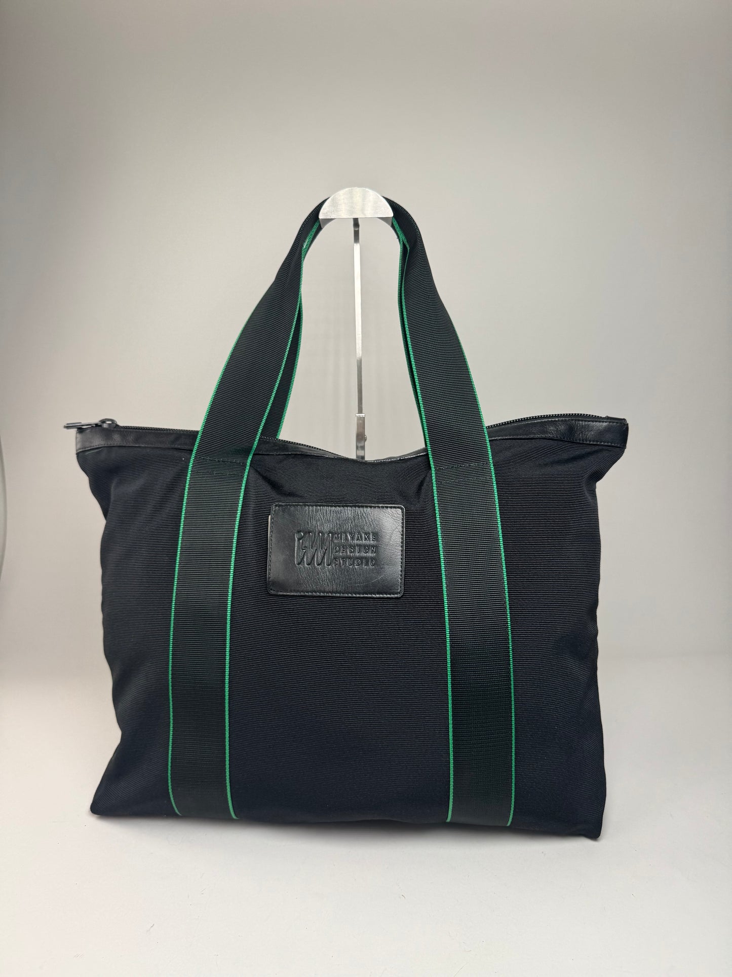 Vintage Issey Miyake Polyester / Leather Tote Bag Black/Green
