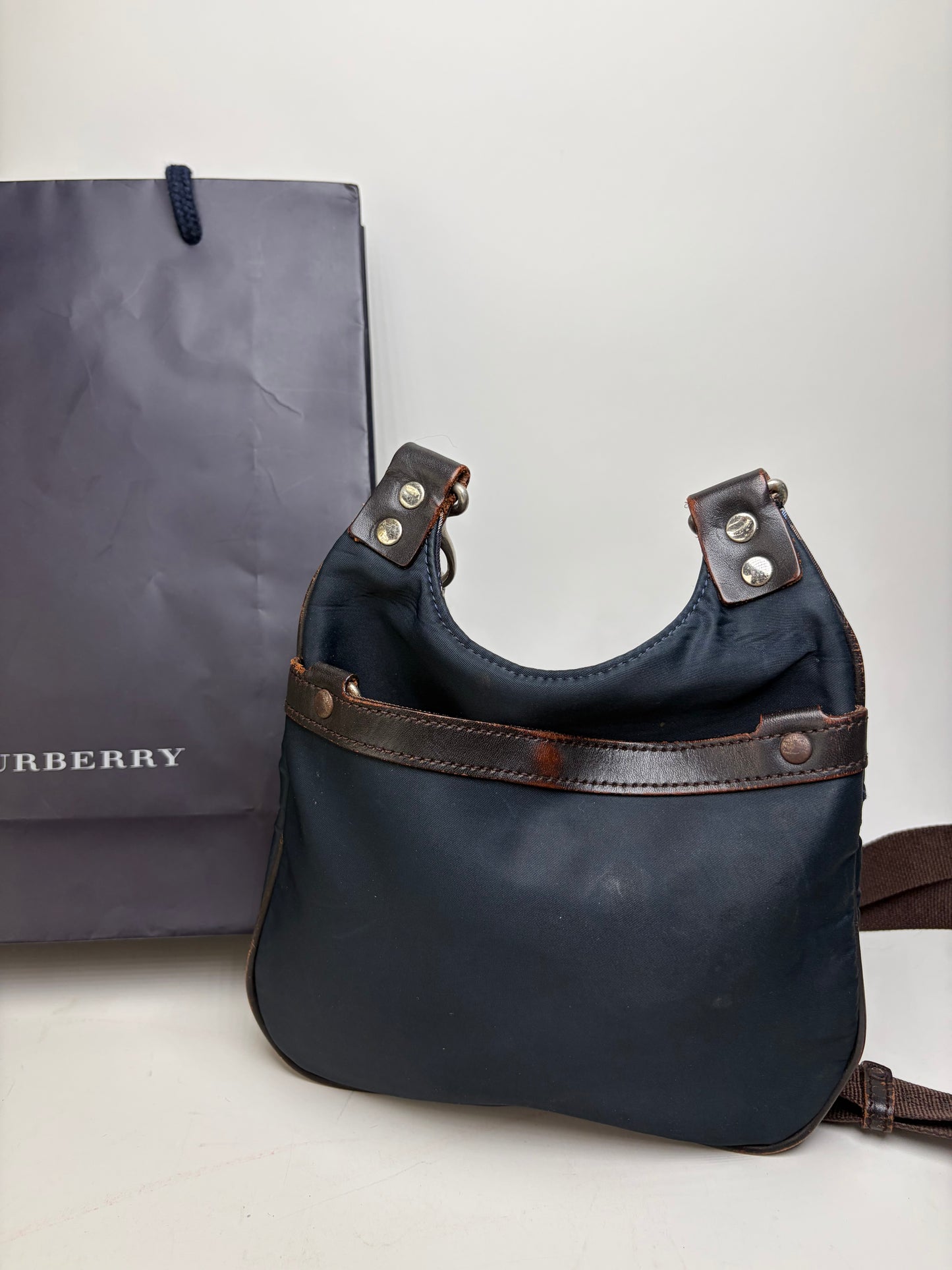Vintage Burberry Coated Canvas Shoulder Bag Navy Brown