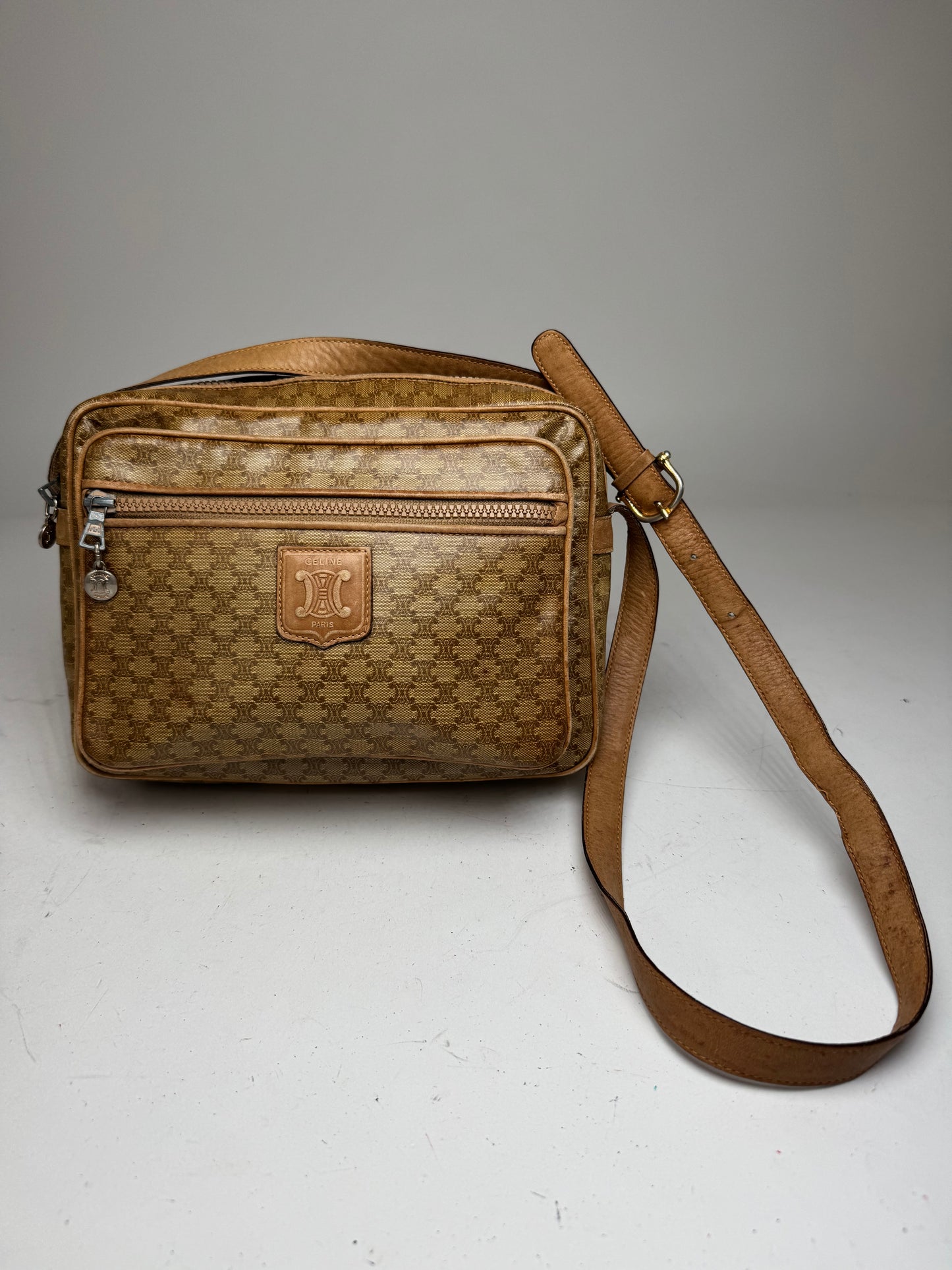 Vintage Celine Paris Patent Leather Triomphe Monogram Bag Brown